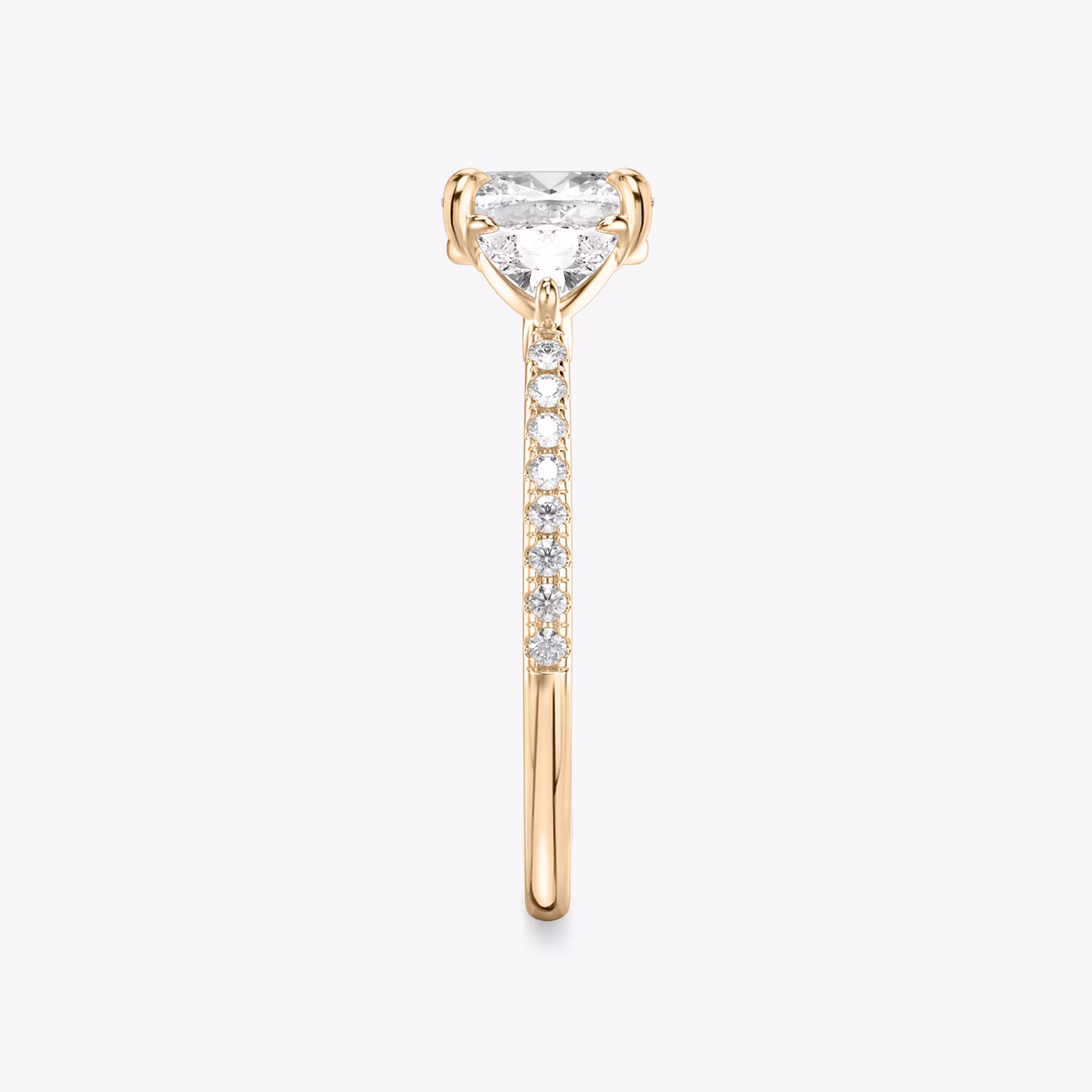 The Three Stone | Cushion | 14k | Rose Gold | bandAccent: Pavé | sideStoneCarat: 0.25ct | sideStoneShape: Trillion | diamondOrientation: vertical | caratWeight: other