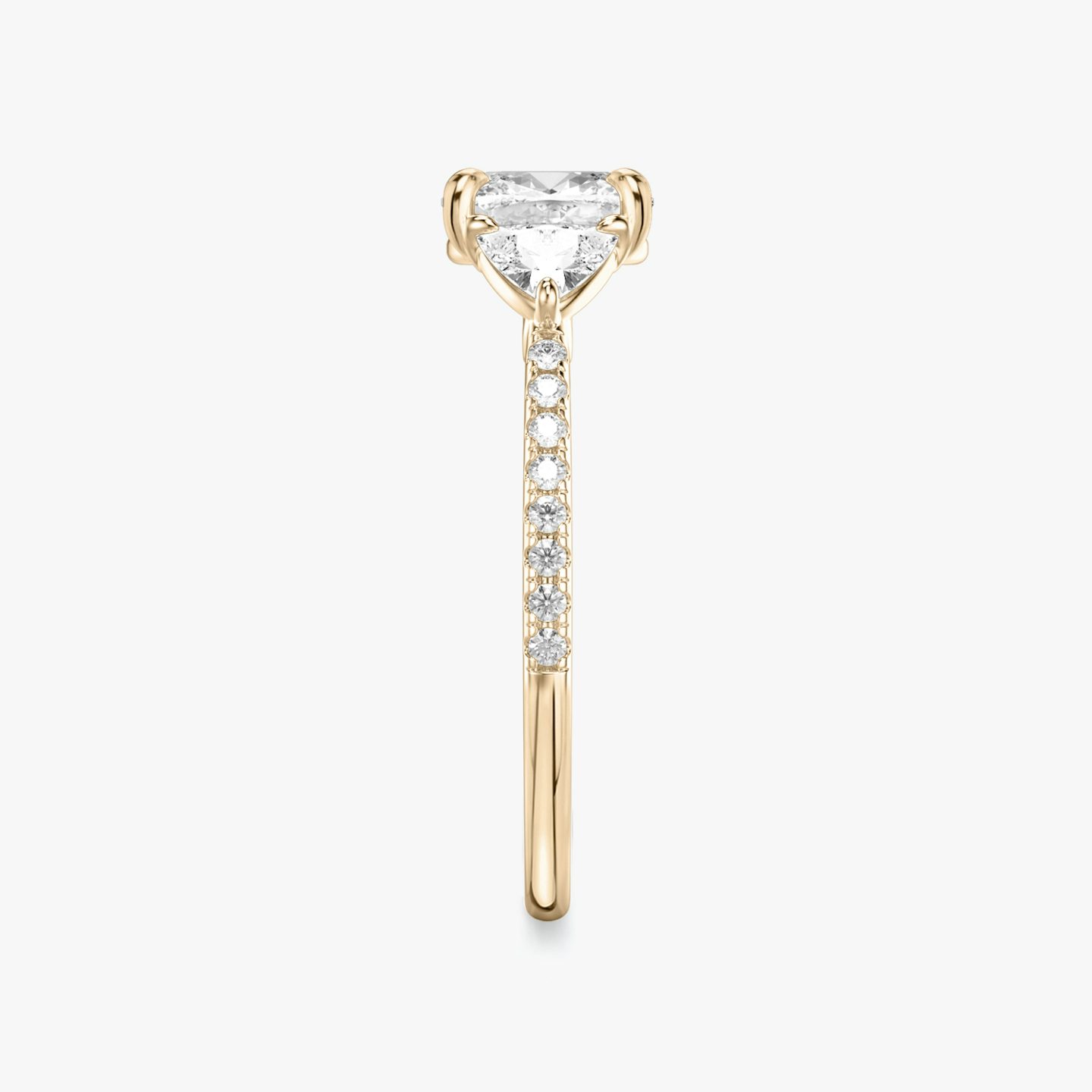 The Three Stone | Cushion | 14k | Rose Gold | bandAccent: Pavé | sideStoneCarat: 0.25ct | sideStoneShape: Trillion | diamondOrientation: vertical | caratWeight: other