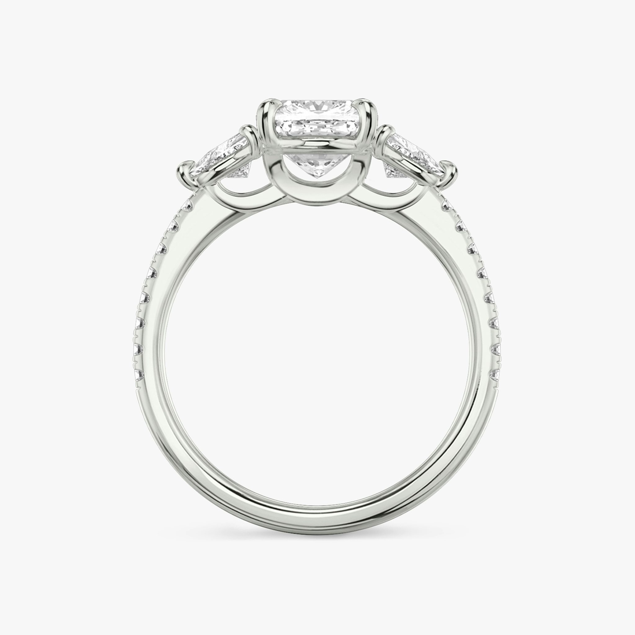 The Three Stone | Cushion | Platinum | bandAccent: Pavé | sideStoneCarat: 0.25ct | sideStoneShape: Trillion | diamondOrientation: vertical | caratWeight: other