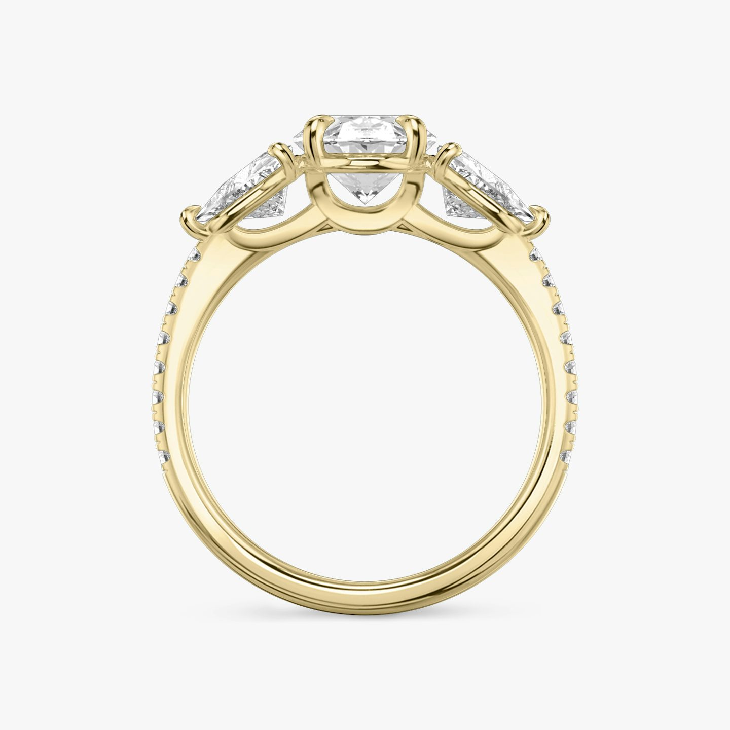 The Three Stone | Oval | 18k | Yellow Gold | bandAccent: Pavé | sideStoneCarat: 0.50ct | sideStoneShape: Trillion | diamondOrientation: vertical | caratWeight: other