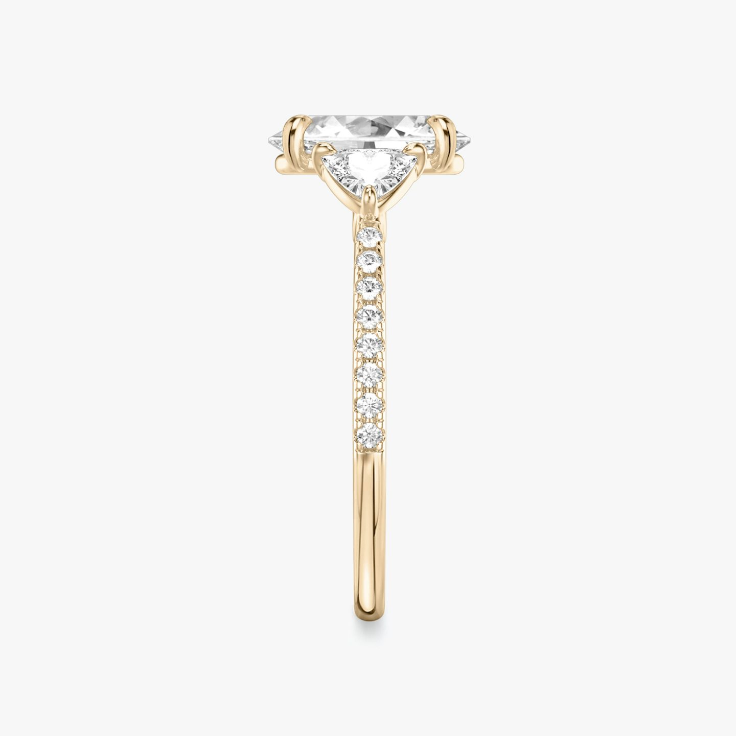 The Three Stone | Oval | 14k | Rose Gold | bandAccent: Pavé | sideStoneCarat: 0.25ct | sideStoneShape: Trillion | diamondOrientation: vertical | caratWeight: other