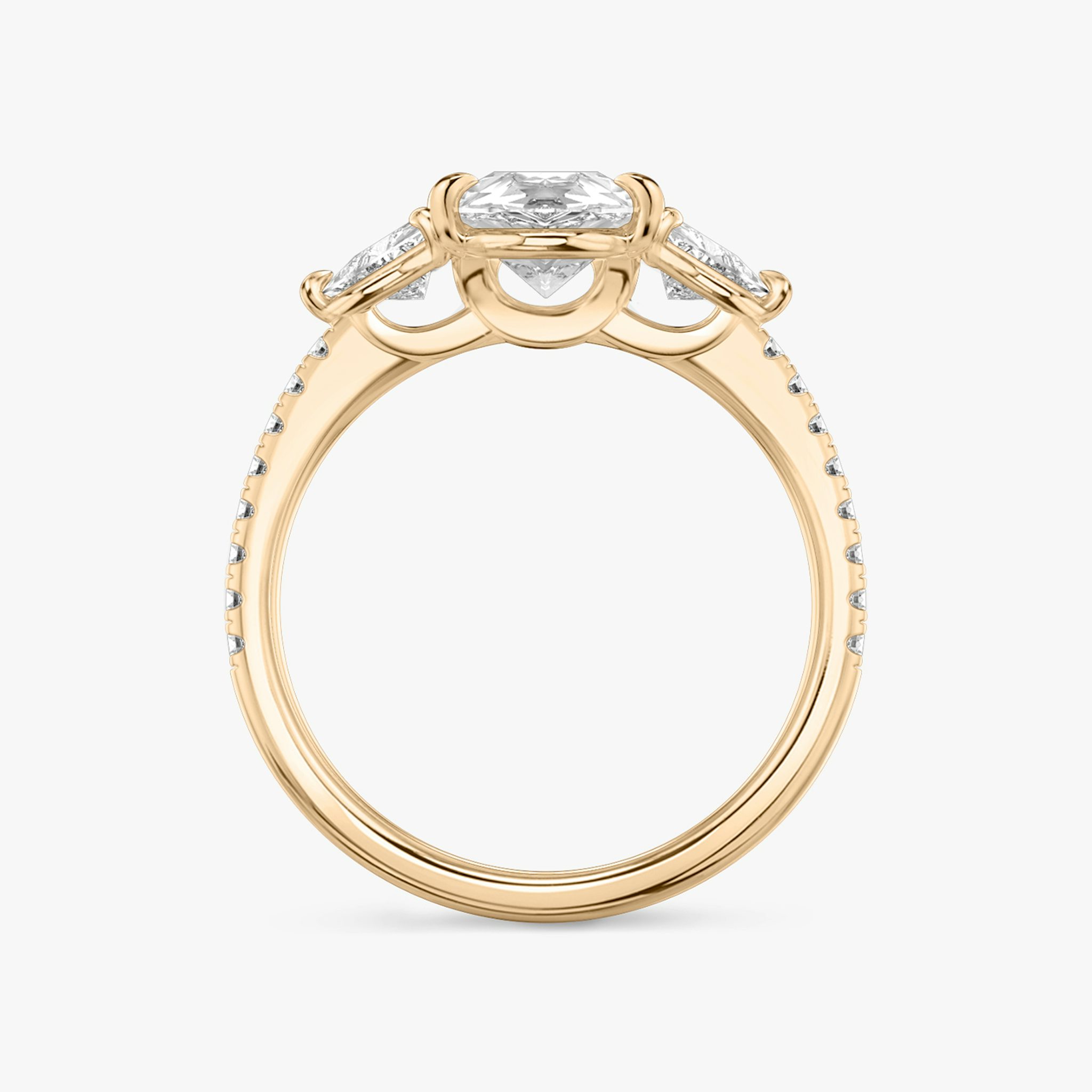 The Three Stone | Pear | 14k | Rose Gold | bandAccent: Pavé | sideStoneCarat: 0.25ct | sideStoneShape: Trillion | diamondOrientation: vertical | caratWeight: other