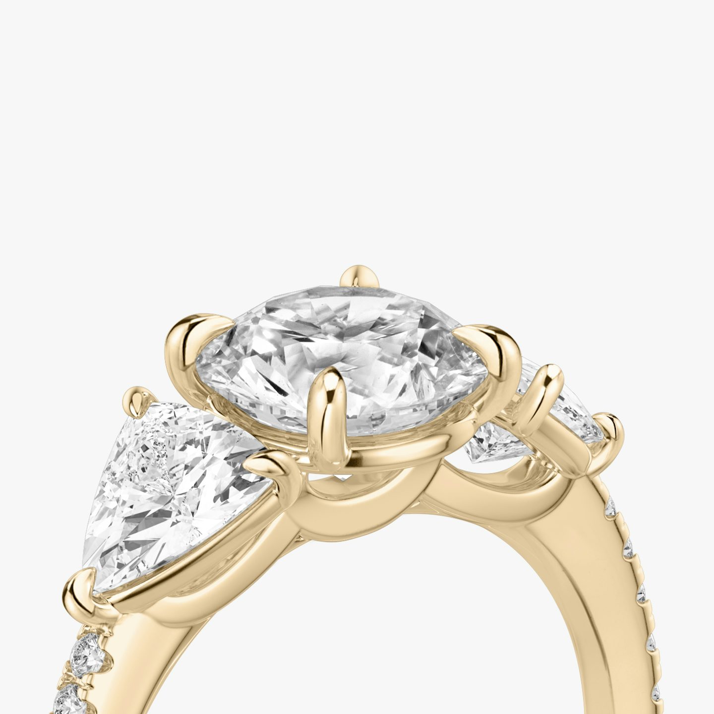 The Three Stone | Round Brilliant | 14k | Rose Gold | bandAccent: Pavé | caratWeight: other | sideStoneCarat: 0.50ct | sideStoneShape: Trillion | diamondOrientation: vertical