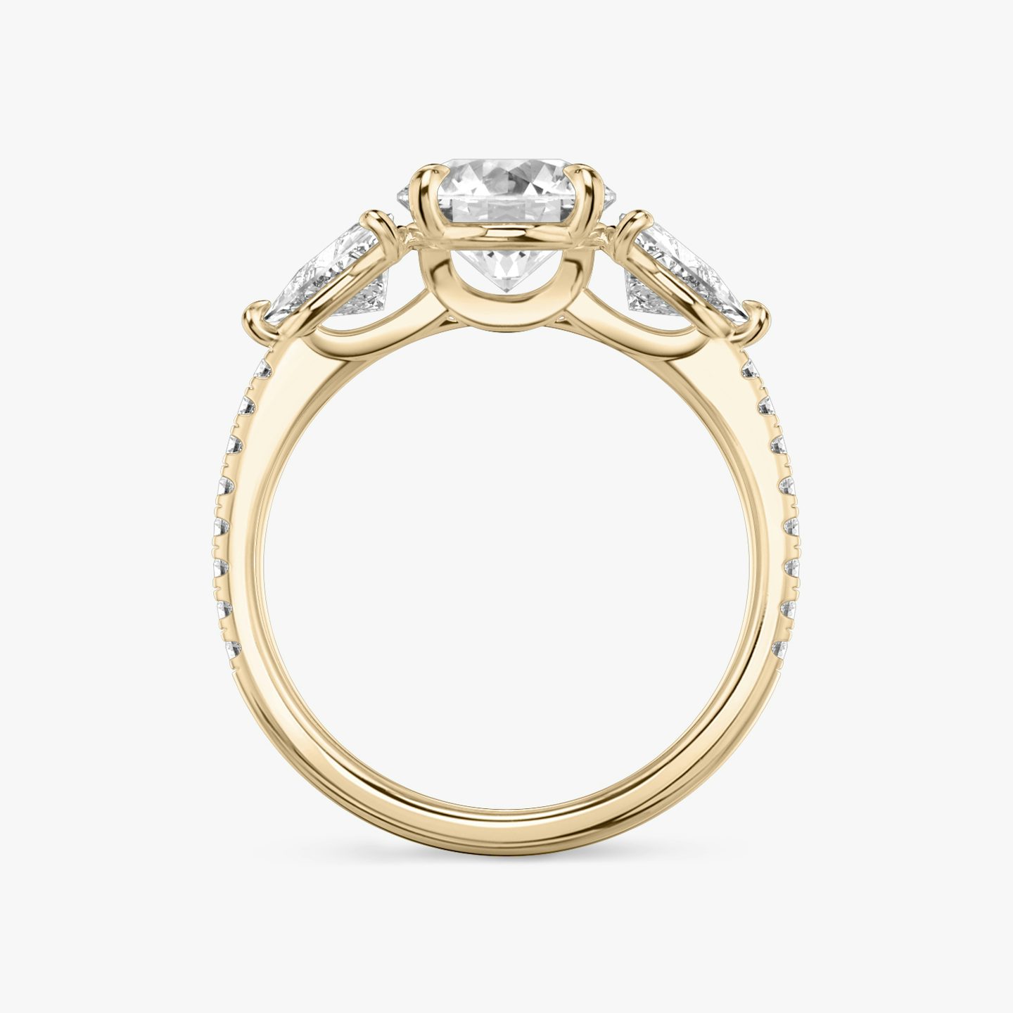 The Three Stone | Round Brilliant | 14k | Rose Gold | bandAccent: Pavé | caratWeight: other | sideStoneCarat: 0.50ct | sideStoneShape: Trillion | diamondOrientation: vertical