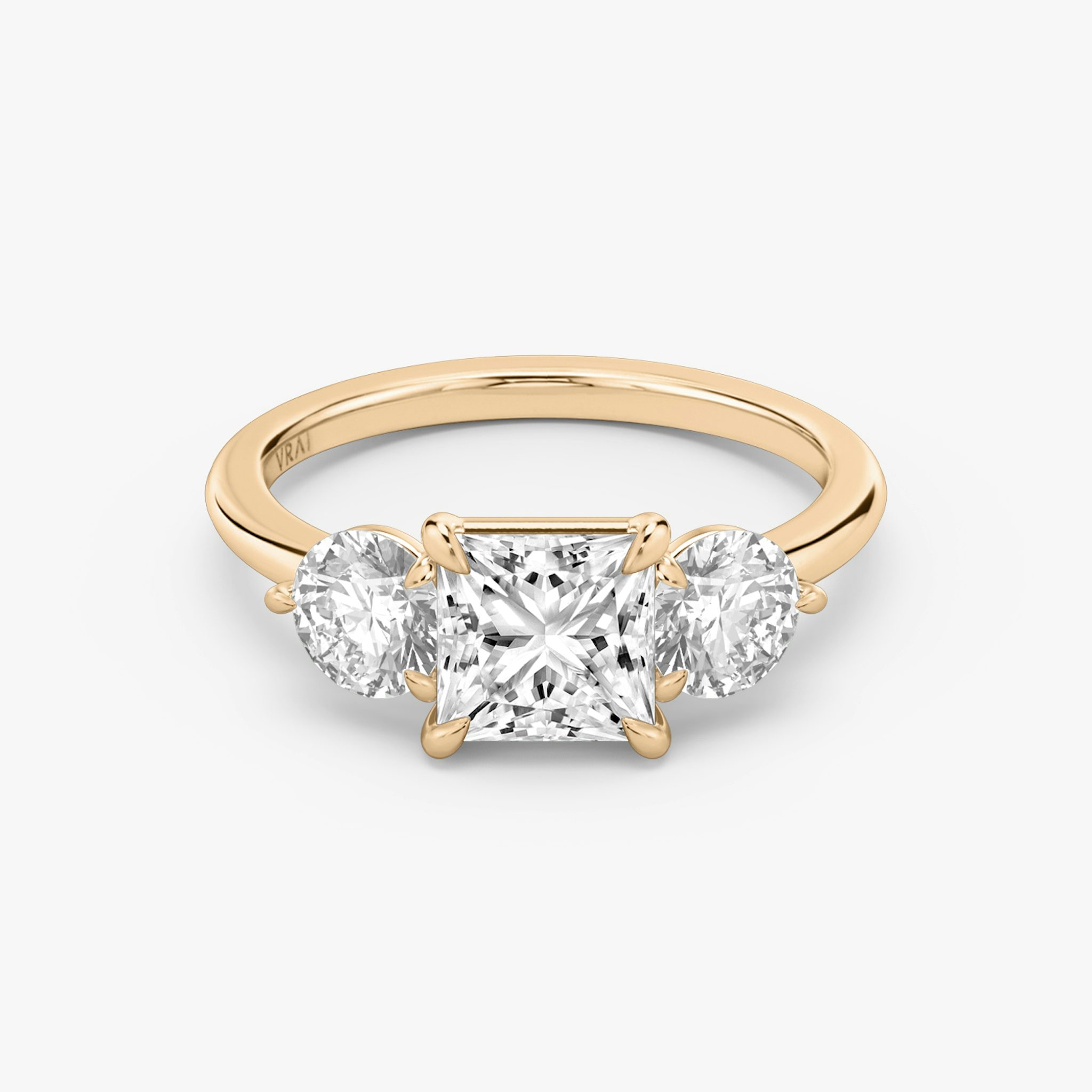 The Three Stone | Princess | 14k | Rose Gold | bandAccent: Plain | sideStoneCarat: 0.50ct | sideStoneShape: Round Brilliant | diamondOrientation: vertical | caratWeight: other