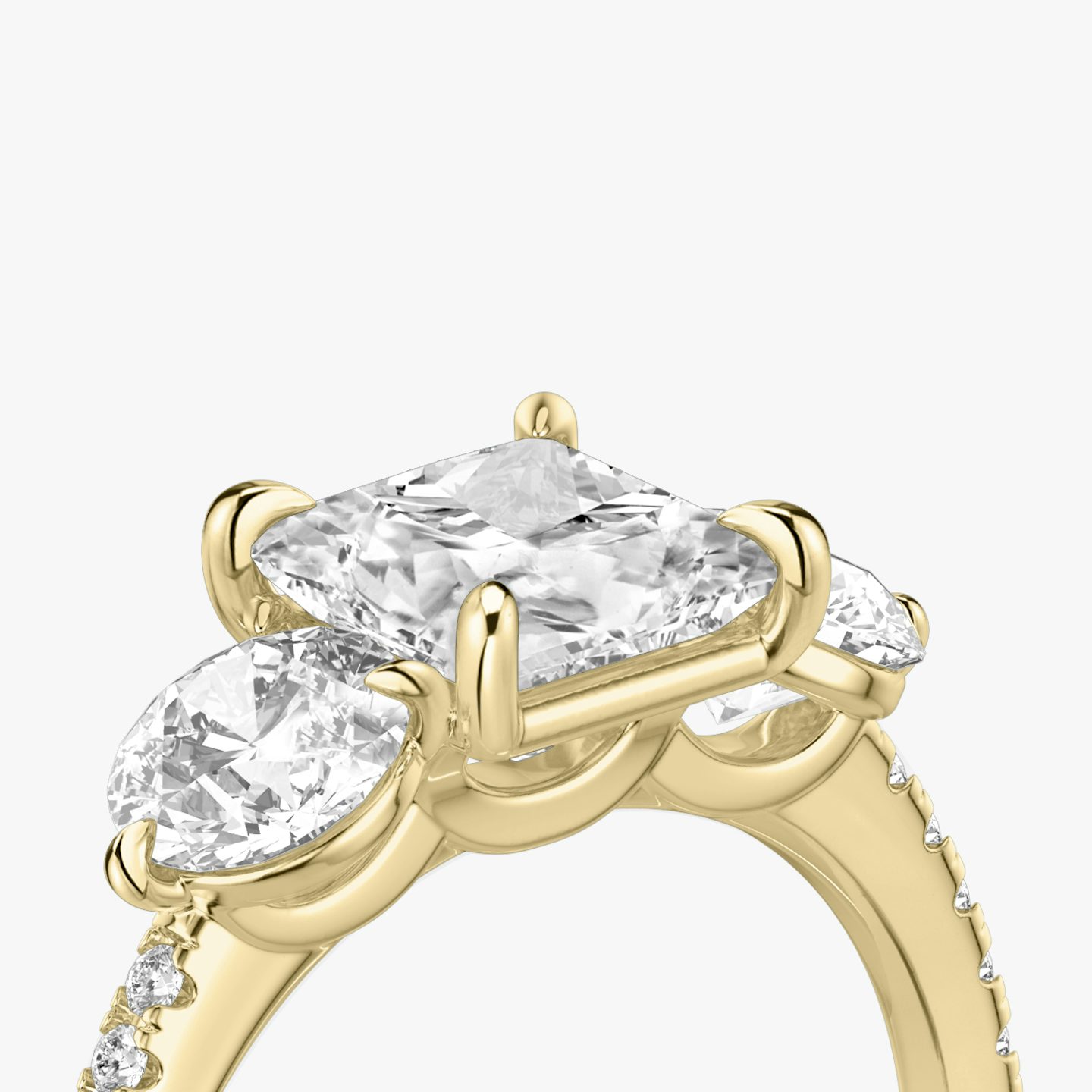 The Three Stone | Princess | 18k | Yellow Gold | bandAccent: Pavé | sideStoneCarat: 0.50ct | sideStoneShape: Round Brilliant | diamondOrientation: vertical | caratWeight: other