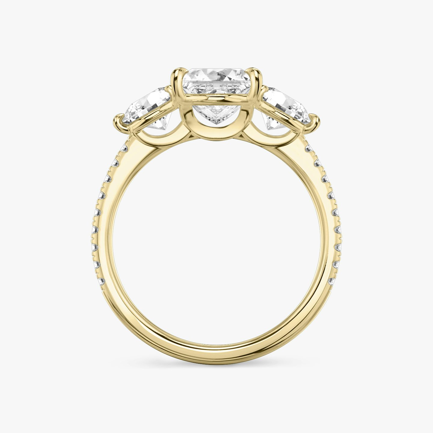 The Three Stone | Princess | 18k | Yellow Gold | bandAccent: Pavé | sideStoneCarat: 0.50ct | sideStoneShape: Round Brilliant | diamondOrientation: vertical | caratWeight: other