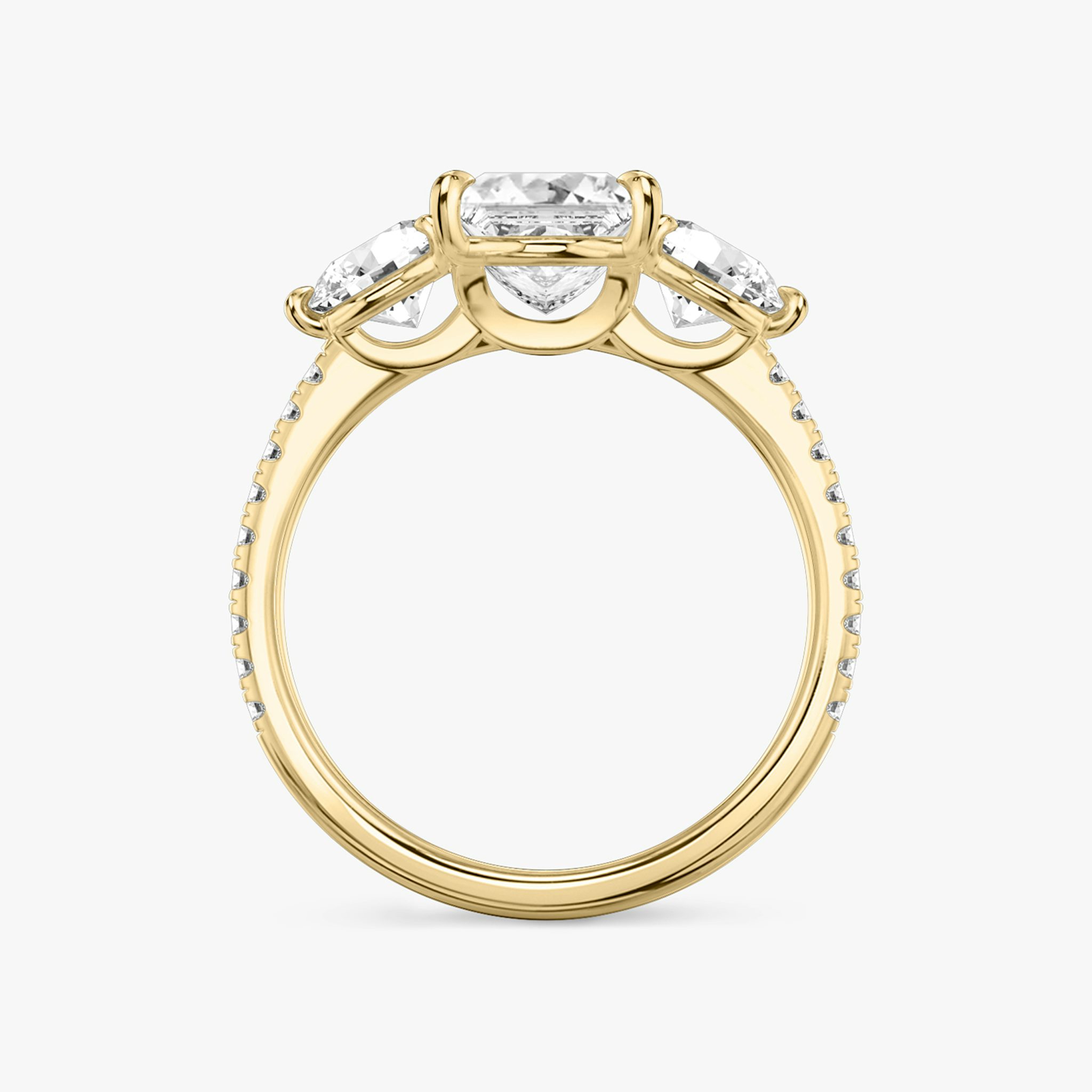 The Three Stone | Princess | 18k | Yellow Gold | bandAccent: Pavé | sideStoneCarat: 0.50ct | sideStoneShape: Round Brilliant | diamondOrientation: vertical | caratWeight: other