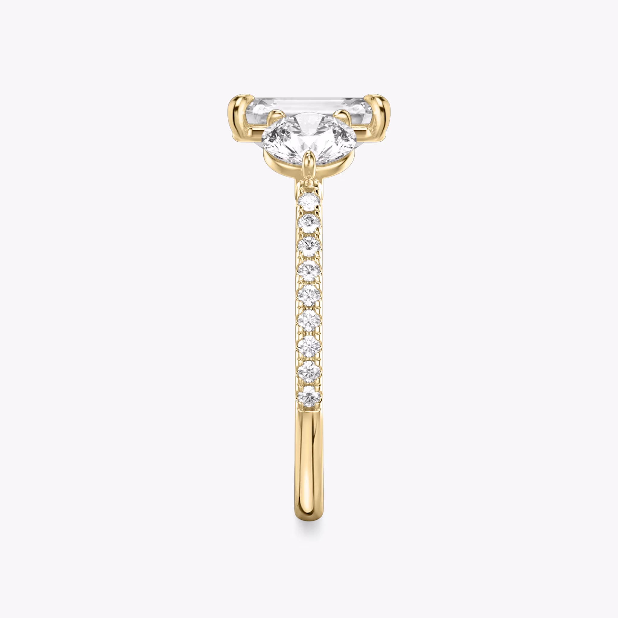 The Three Stone | Princess | 18k | Yellow Gold | bandAccent: Pavé | sideStoneCarat: 0.50ct | sideStoneShape: Round Brilliant | diamondOrientation: vertical | caratWeight: other