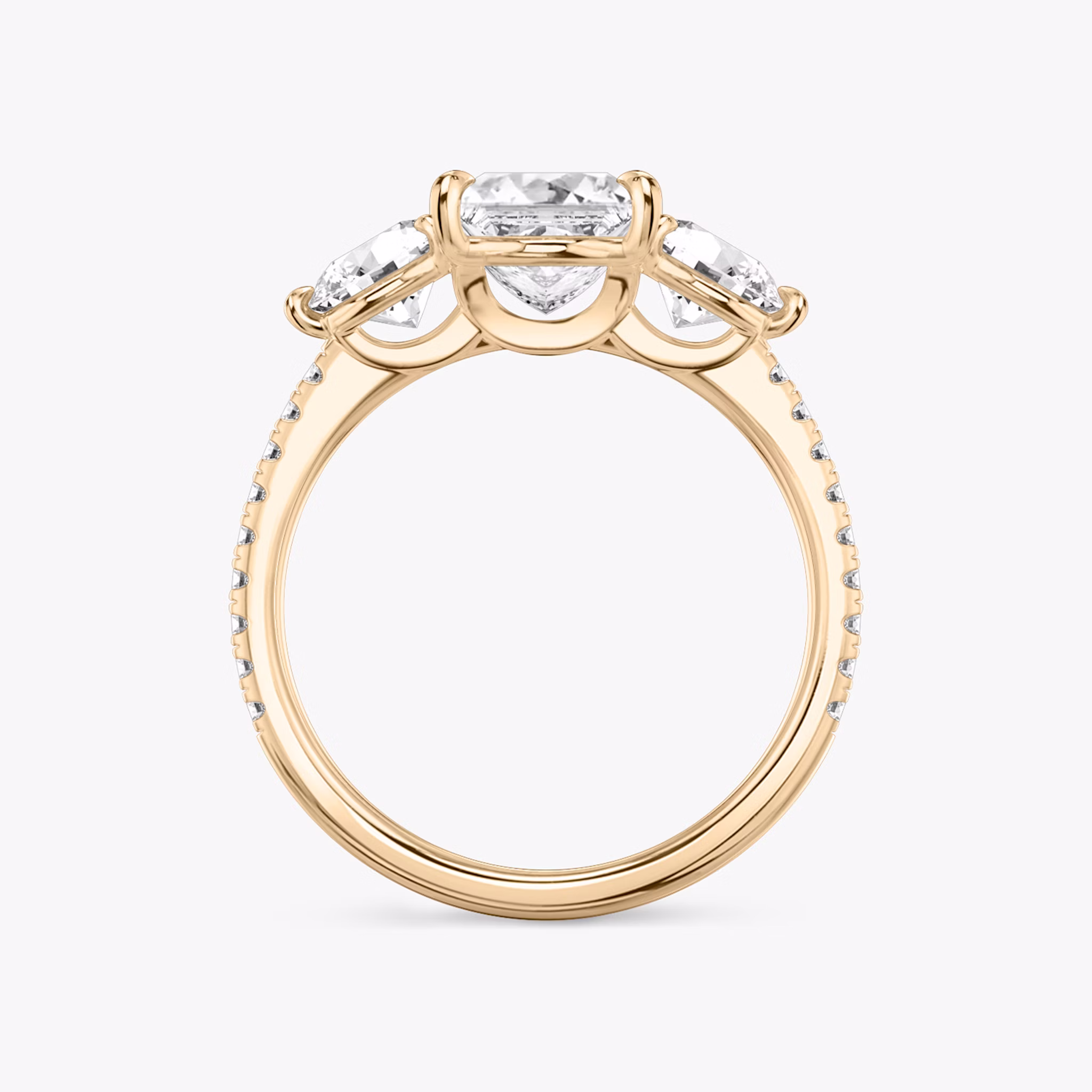 The Three Stone | Princess | 14k | Rose Gold | bandAccent: Pavé | sideStoneCarat: 0.50ct | sideStoneShape: Round Brilliant | diamondOrientation: vertical | caratWeight: other