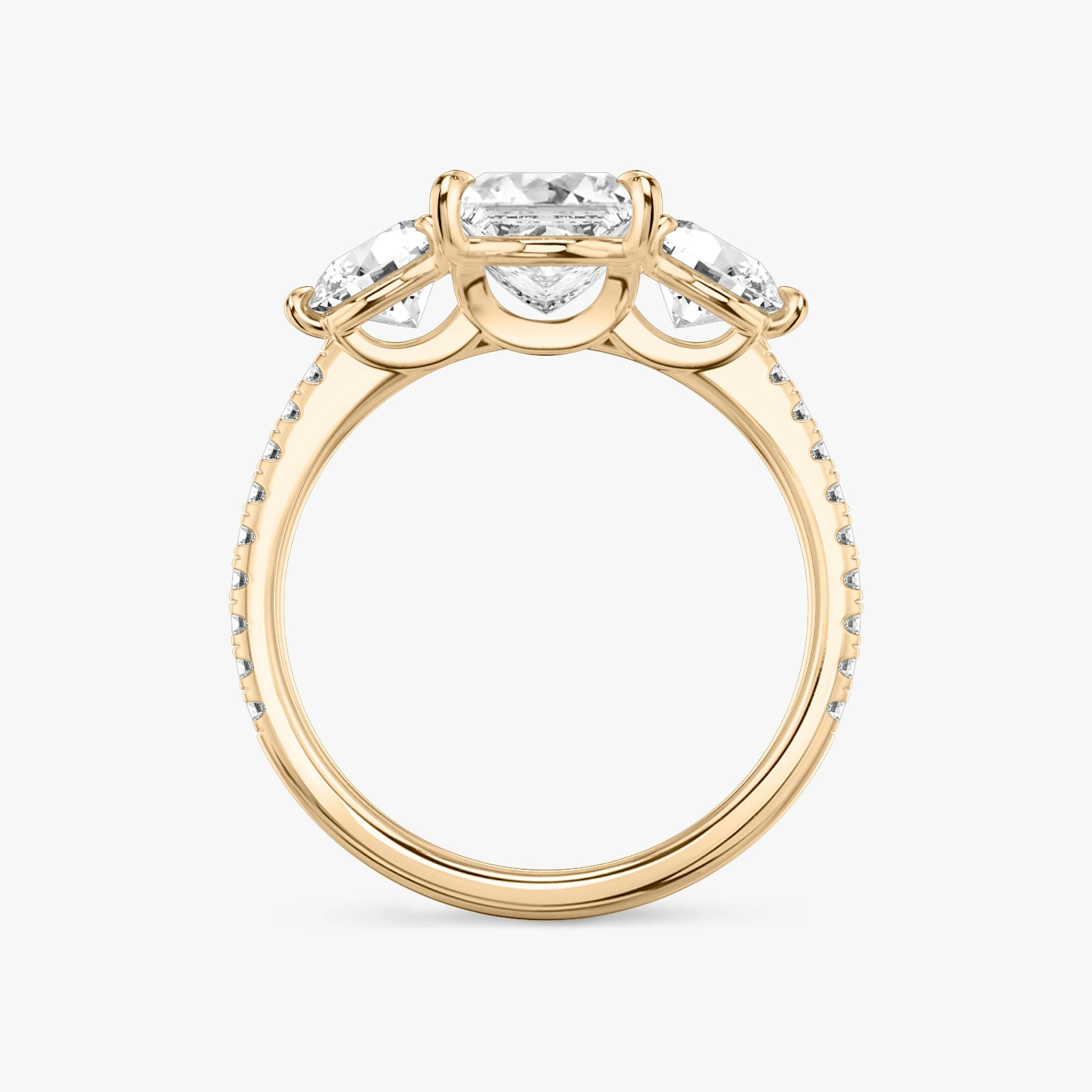 The Three Stone | Princess | 14k | Rose Gold | bandAccent: Pavé | sideStoneCarat: 0.50ct | sideStoneShape: Round Brilliant | diamondOrientation: vertical | caratWeight: other