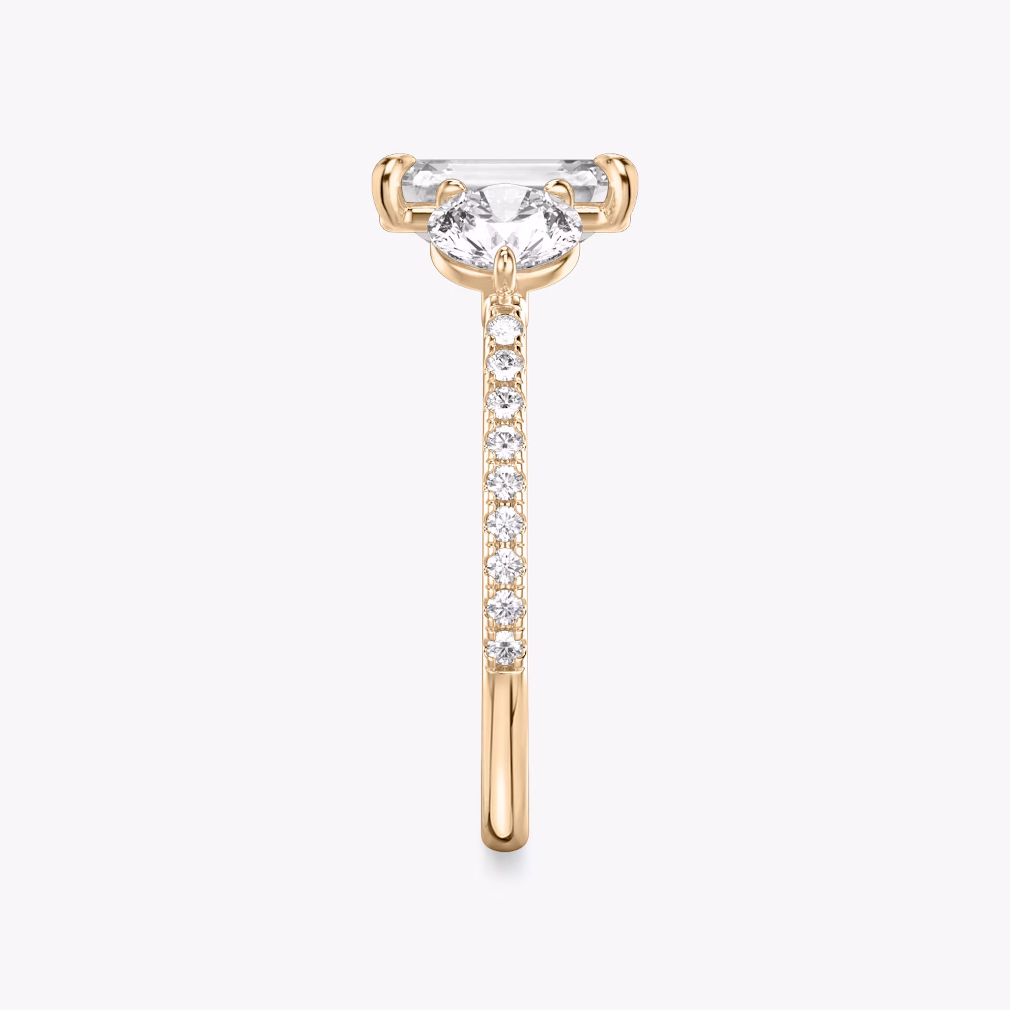 The Three Stone | Princess | 14k | Rose Gold | bandAccent: Pavé | sideStoneCarat: 0.50ct | sideStoneShape: Round Brilliant | diamondOrientation: vertical | caratWeight: other