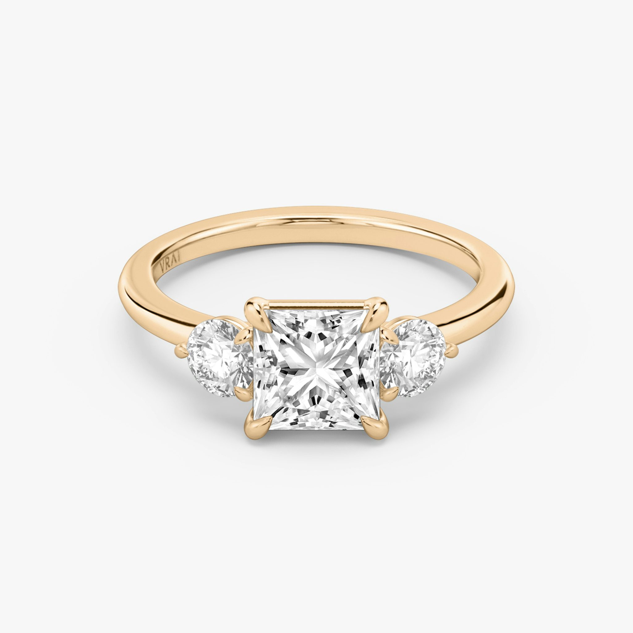 The Three Stone | Princess | 14k | Rose Gold | bandAccent: Plain | sideStoneCarat: 0.25ct | sideStoneShape: Round Brilliant | diamondOrientation: vertical | caratWeight: other
