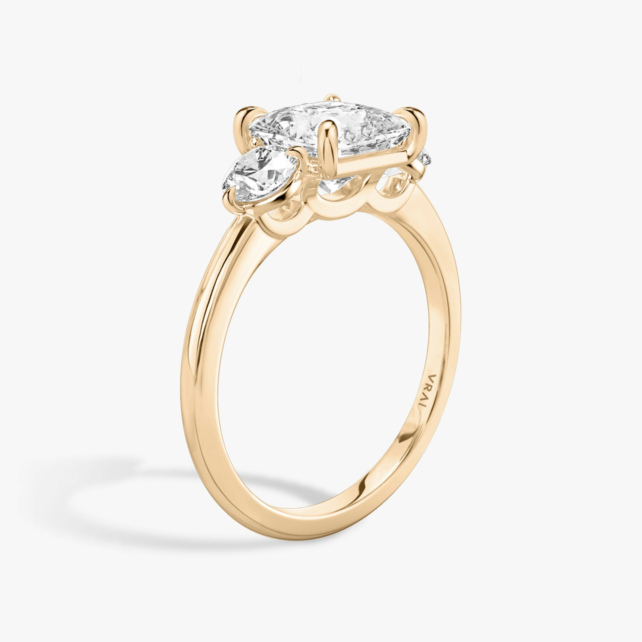 The Three Stone | Princess | 14k | Rose Gold | bandAccent: Plain | sideStoneCarat: 0.25ct | sideStoneShape: Round Brilliant | diamondOrientation: vertical | caratWeight: other