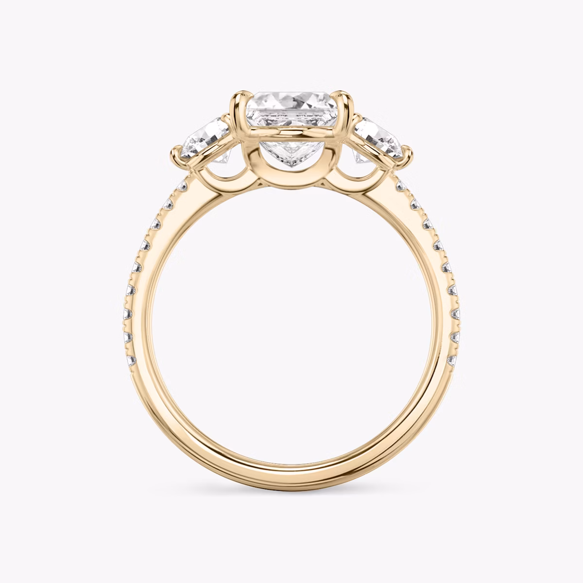 The Three Stone | Princess | 14k | Rose Gold | bandAccent: Pavé | sideStoneCarat: 0.25ct | sideStoneShape: Round Brilliant | diamondOrientation: vertical | caratWeight: other