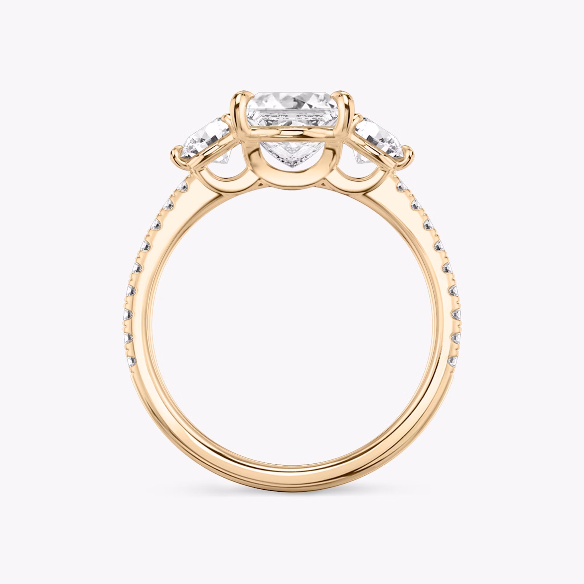 The Three Stone | Princess | 14k | Rose Gold | bandAccent: Pavé | sideStoneCarat: 0.25ct | sideStoneShape: Round Brilliant | diamondOrientation: vertical | caratWeight: other