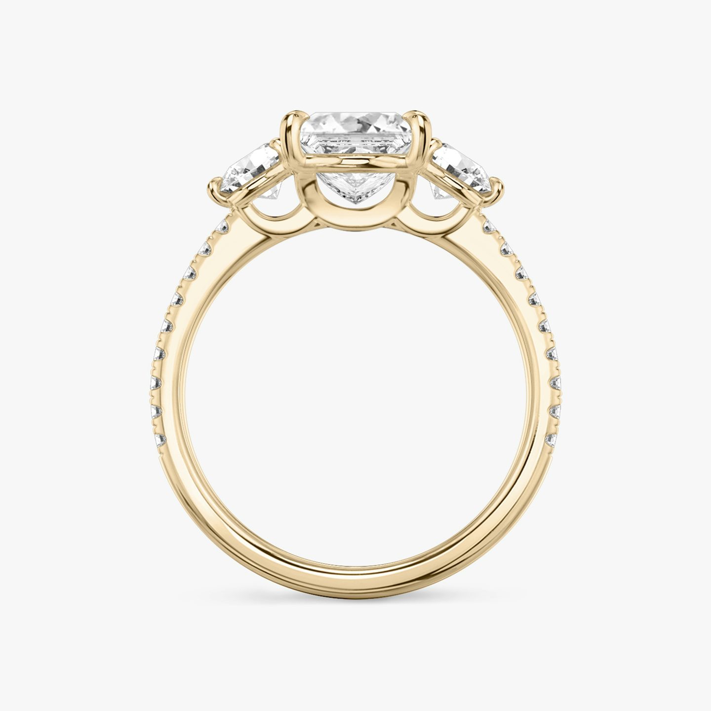 The Three Stone | Princess | 14k | Rose Gold | bandAccent: Pavé | sideStoneCarat: 0.25ct | sideStoneShape: Round Brilliant | diamondOrientation: vertical | caratWeight: other