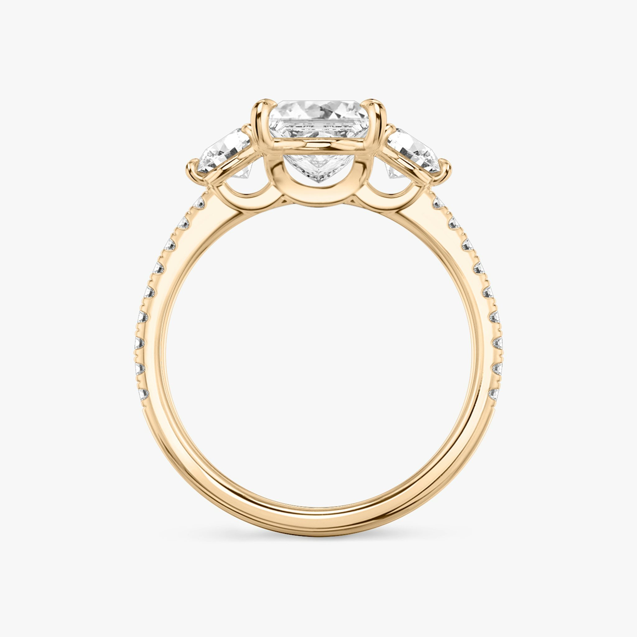 The Three Stone | Princess | 14k | Rose Gold | bandAccent: Pavé | sideStoneCarat: 0.25ct | sideStoneShape: Round Brilliant | diamondOrientation: vertical | caratWeight: other