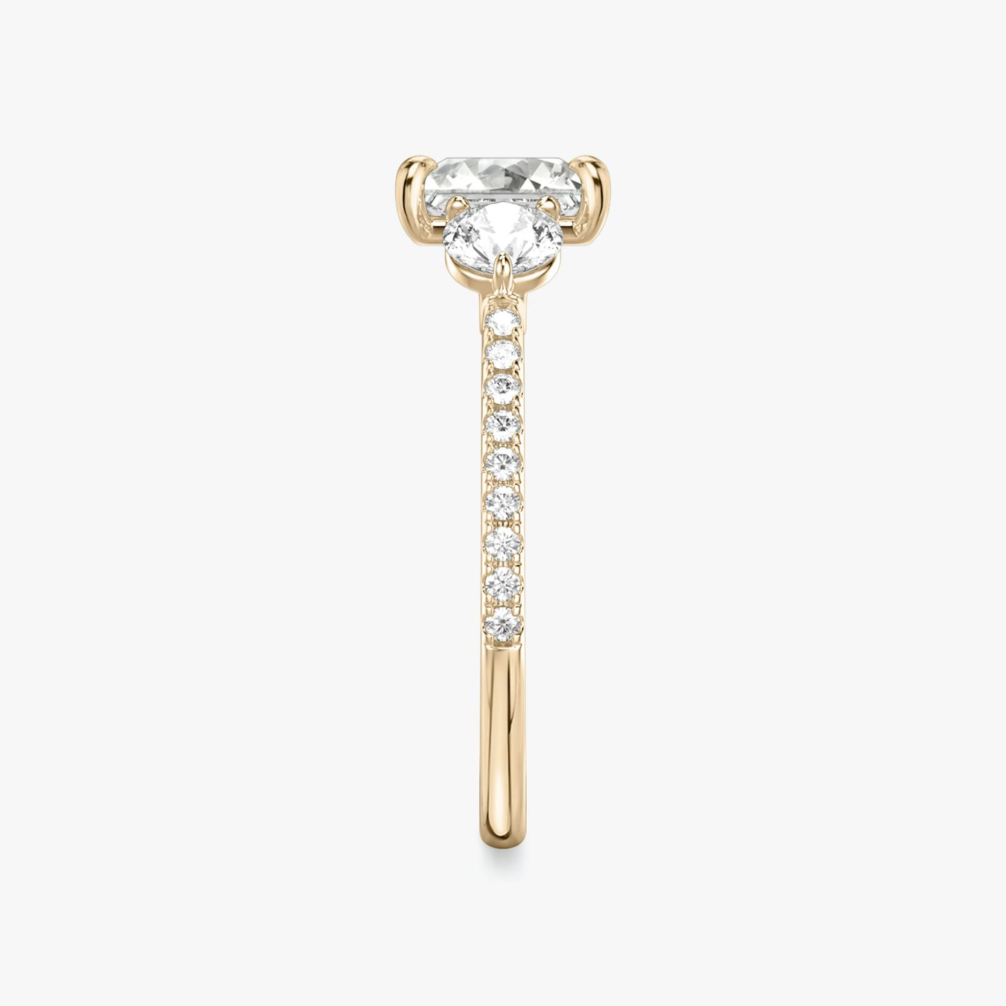 The Three Stone | Princess | 14k | Rose Gold | bandAccent: Pavé | sideStoneCarat: 0.25ct | sideStoneShape: Round Brilliant | diamondOrientation: vertical | caratWeight: other