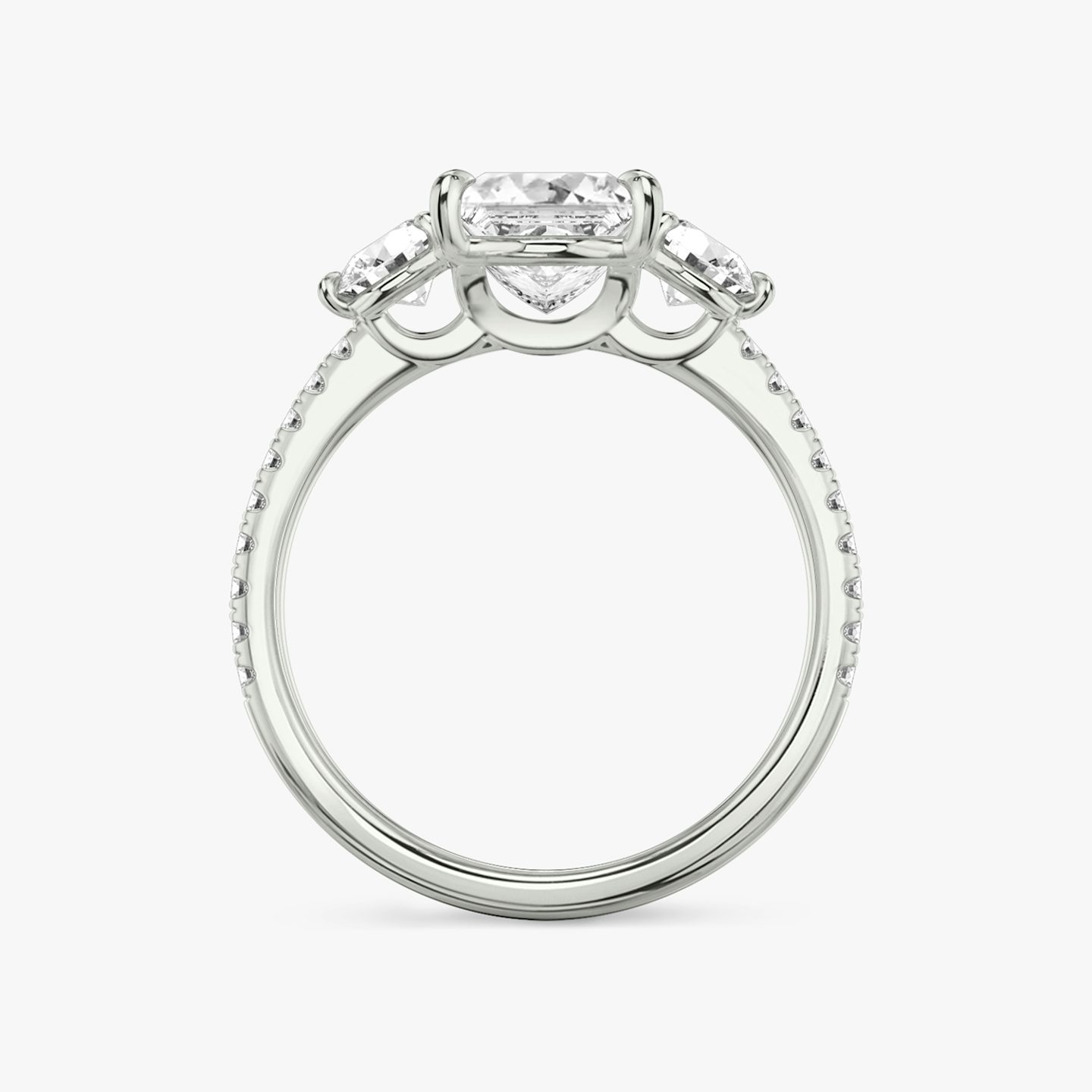 The Three Stone | Princess | Platinum | bandAccent: Pavé | sideStoneCarat: 0.25ct | sideStoneShape: Round Brilliant | diamondOrientation: vertical | caratWeight: other