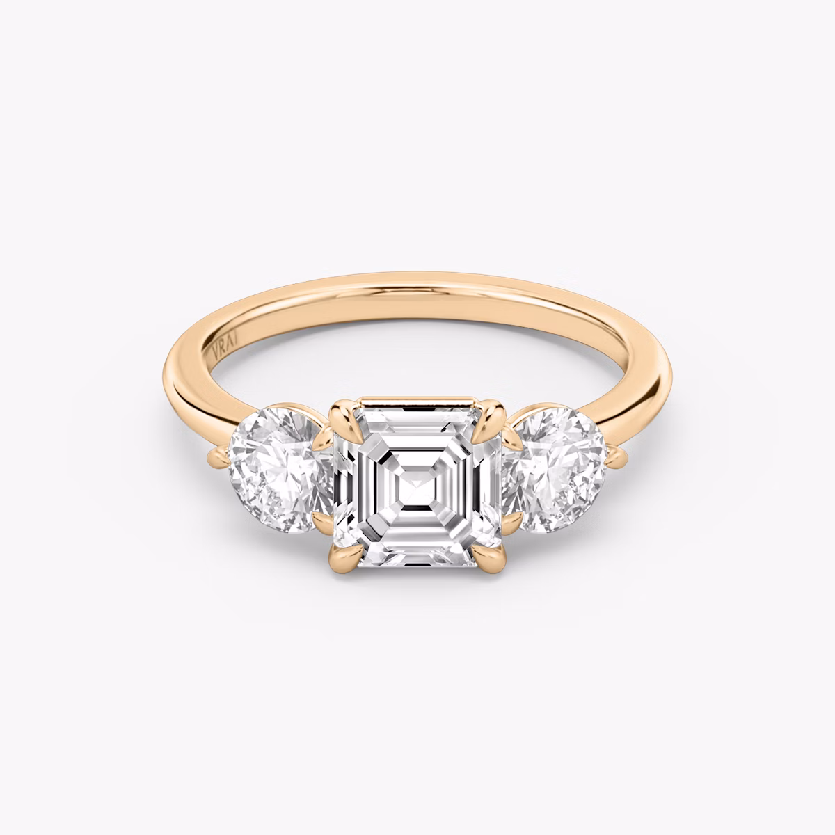 The Three Stone | Asscher | 14k | Rose Gold | bandAccent: Plain | sideStoneCarat: 0.50ct | sideStoneShape: Round Brilliant | diamondOrientation: vertical | caratWeight: other