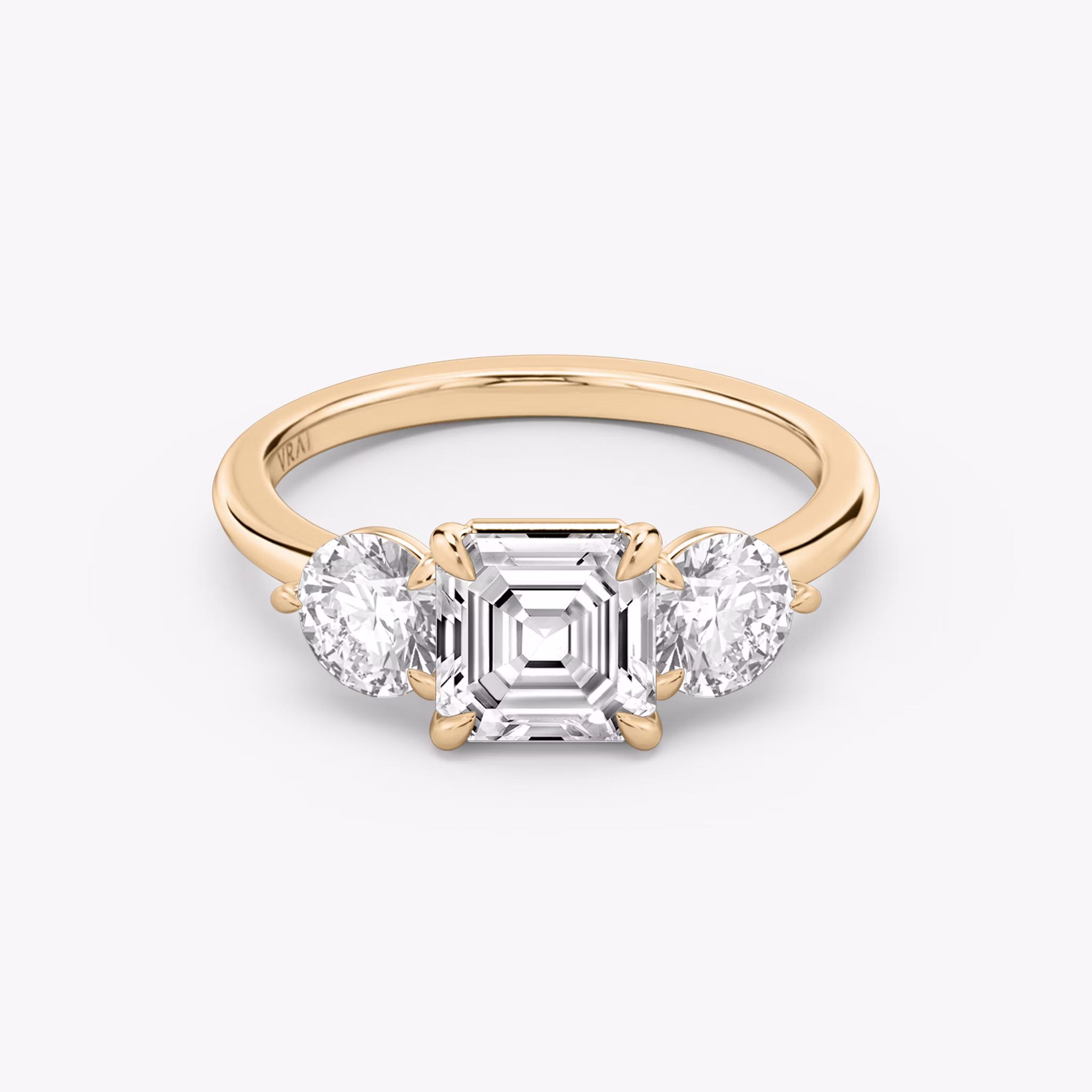 The Three Stone | Asscher | 14k | Rose Gold | bandAccent: Plain | sideStoneCarat: 0.50ct | sideStoneShape: Round Brilliant | diamondOrientation: vertical | caratWeight: other