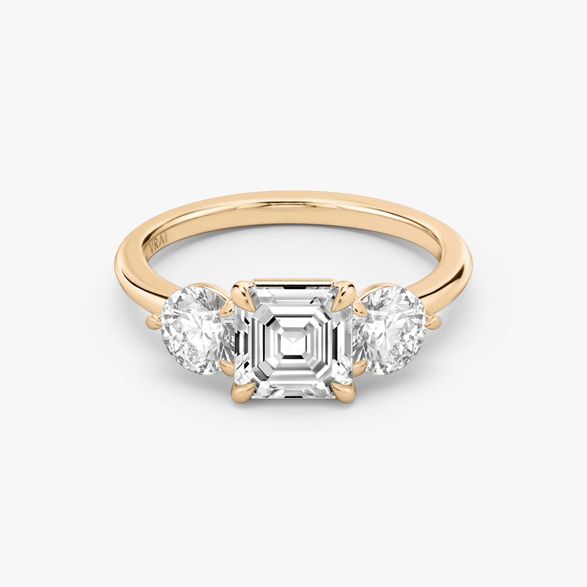 The Three Stone | Asscher | 14k | Rose Gold | bandAccent: Plain | sideStoneCarat: 0.50ct | sideStoneShape: Round Brilliant | diamondOrientation: vertical | caratWeight: other
