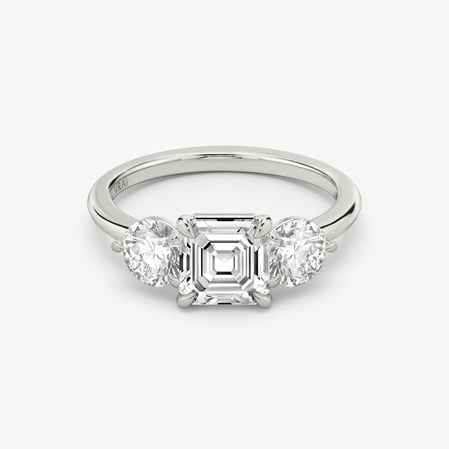 The Three Stone | Asscher | Platinum | bandAccent: Plain | sideStoneCarat: 0.50ct | sideStoneShape: Round Brilliant | diamondOrientation: vertical | caratWeight: other