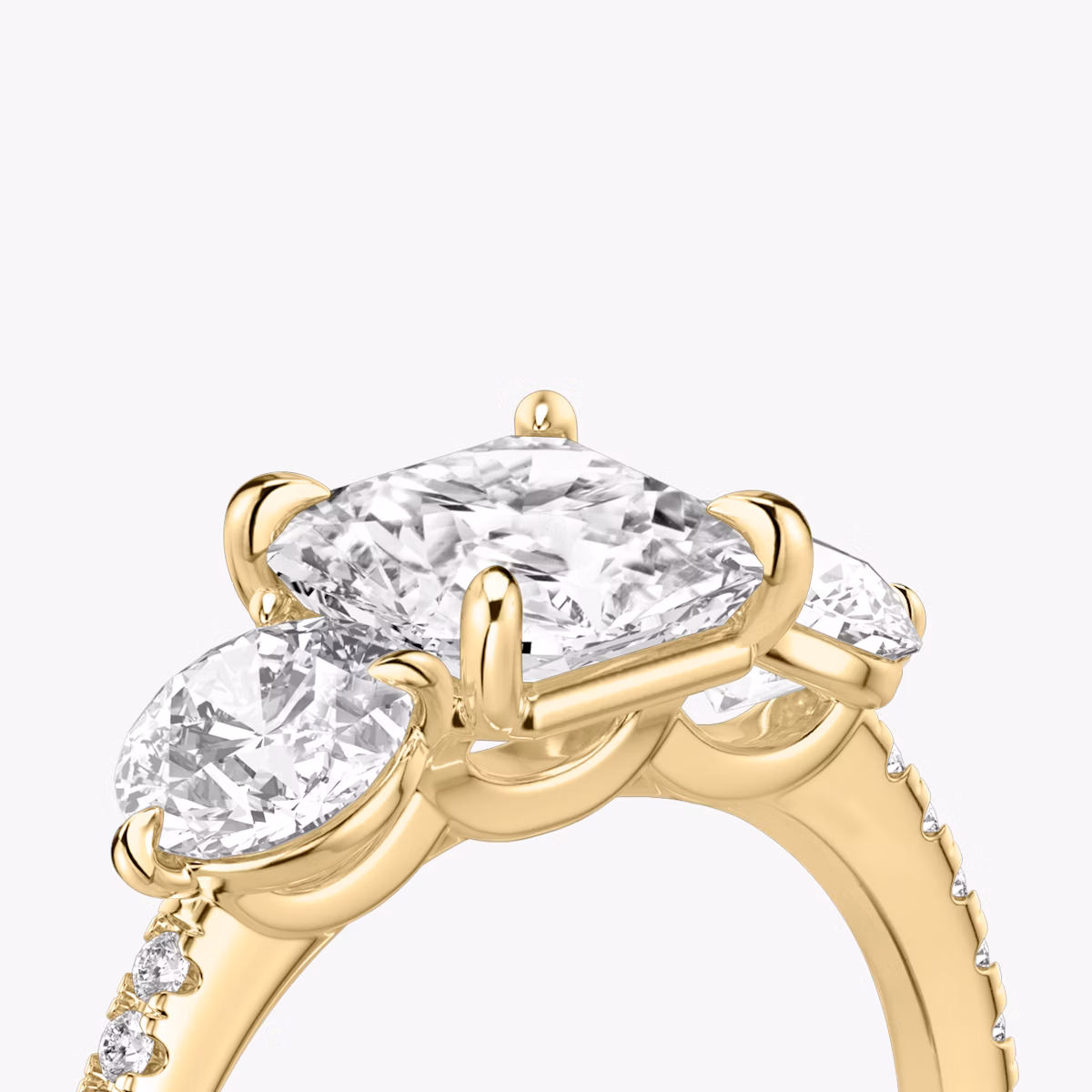 The Three Stone | Asscher | 18k | Yellow Gold | bandAccent: Pavé | sideStoneCarat: 0.50ct | sideStoneShape: Round Brilliant | diamondOrientation: vertical | caratWeight: other