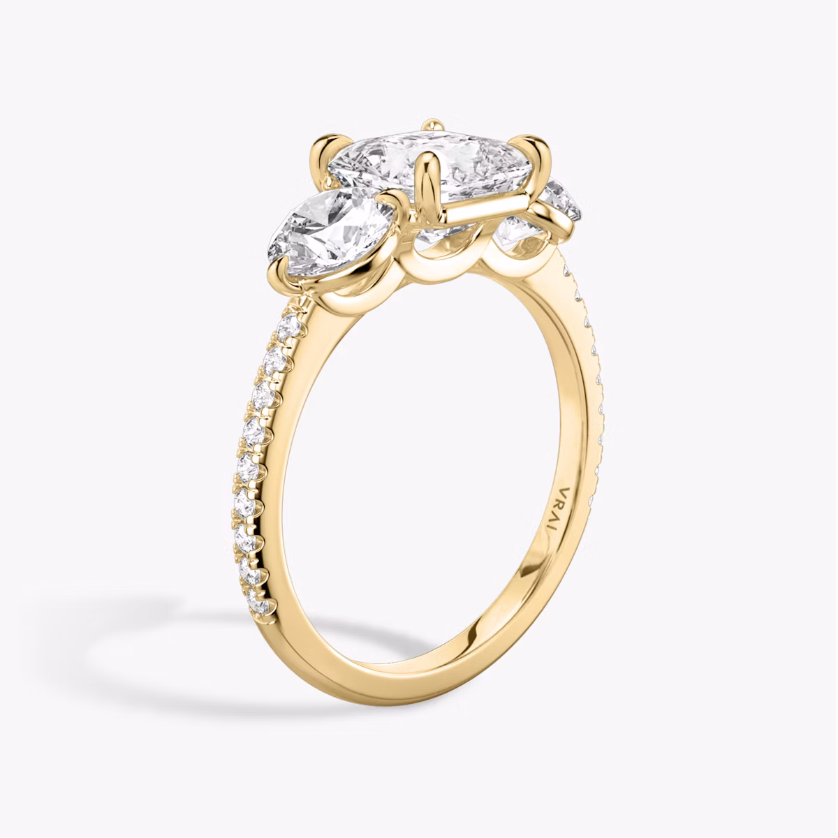 The Three Stone | Asscher | 18k | Yellow Gold | bandAccent: Pavé | sideStoneCarat: 0.50ct | sideStoneShape: Round Brilliant | diamondOrientation: vertical | caratWeight: other