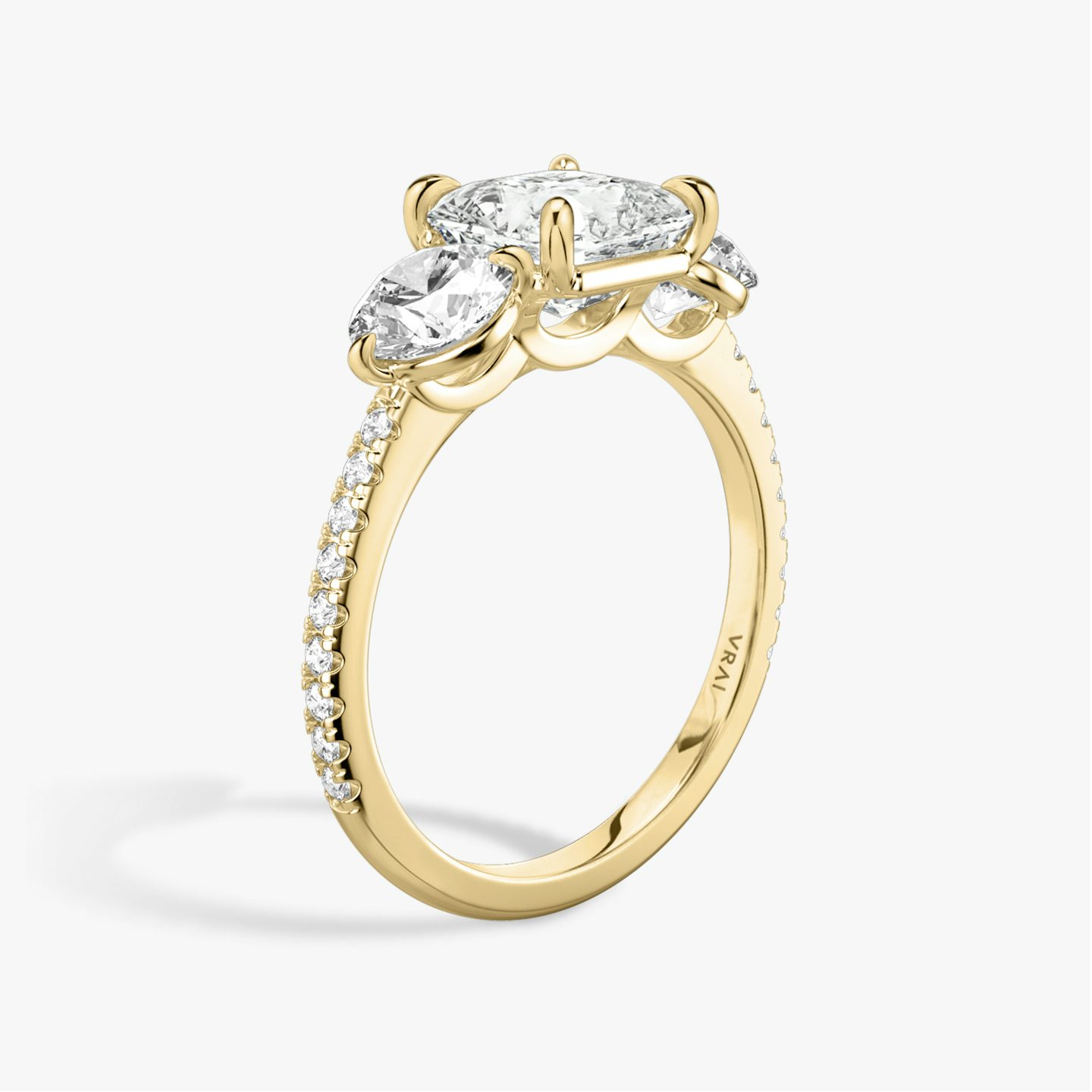 The Three Stone | Asscher | 18k | Yellow Gold | bandAccent: Pavé | sideStoneCarat: 0.50ct | sideStoneShape: Round Brilliant | diamondOrientation: vertical | caratWeight: other