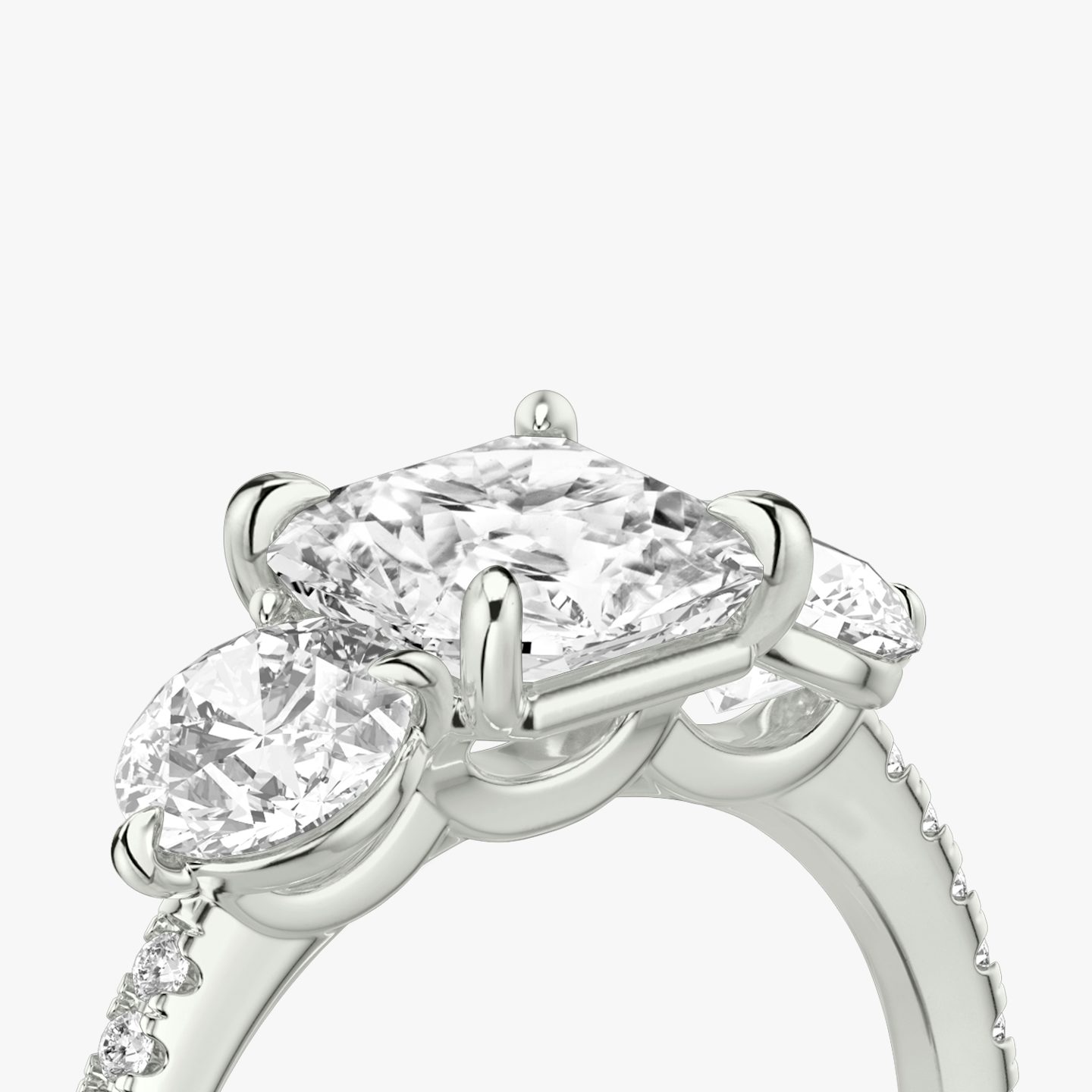 The Three Stone | Asscher | 18k | White Gold | bandAccent: Pavé | sideStoneCarat: 0.50ct | sideStoneShape: Round Brilliant | diamondOrientation: vertical | caratWeight: other