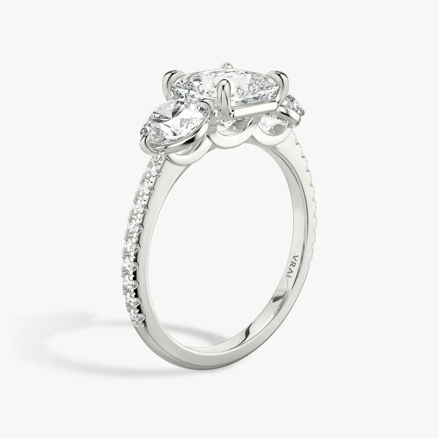 The Three Stone | Asscher | 18k | White Gold | bandAccent: Pavé | sideStoneCarat: 0.50ct | sideStoneShape: Round Brilliant | diamondOrientation: vertical | caratWeight: other