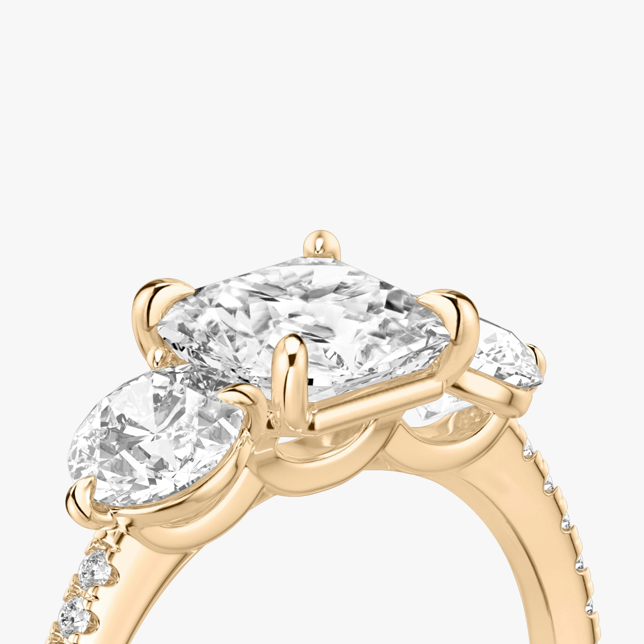 The Three Stone | Asscher | 14k | Rose Gold | bandAccent: Pavé | sideStoneCarat: 0.50ct | sideStoneShape: Round Brilliant | diamondOrientation: vertical | caratWeight: other