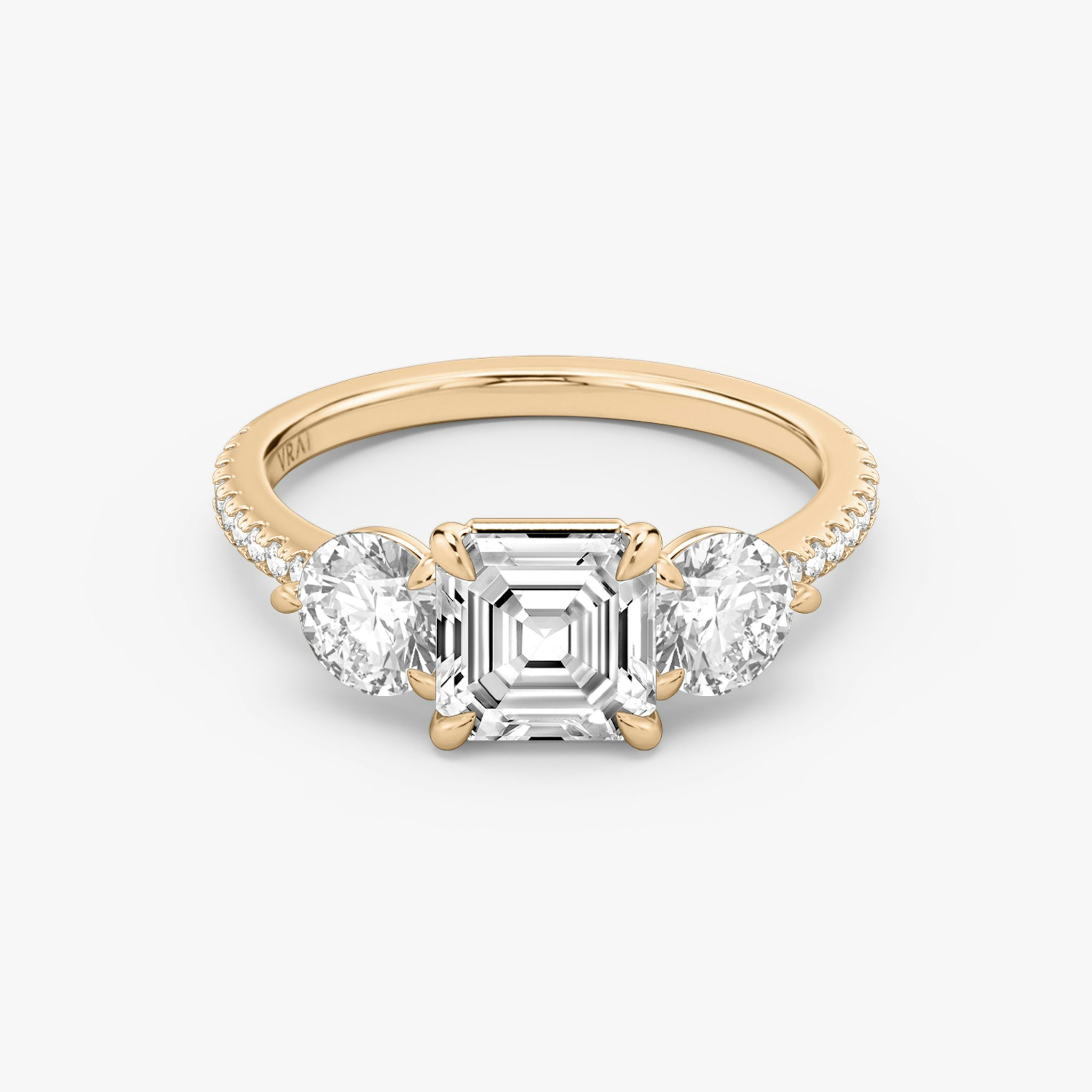 The Three Stone | Asscher | 14k | Rose Gold | bandAccent: Pavé | sideStoneCarat: 0.50ct | sideStoneShape: Round Brilliant | diamondOrientation: vertical | caratWeight: other