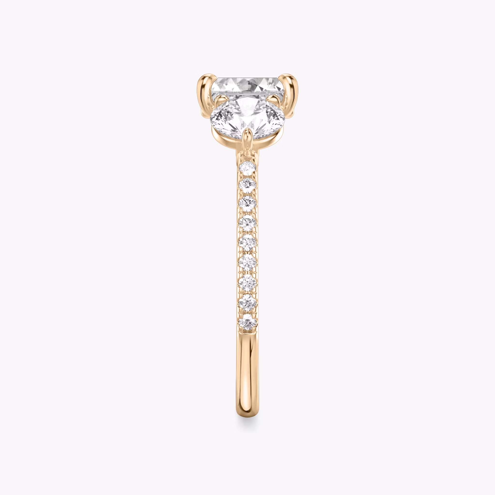 The Three Stone | Asscher | 14k | Rose Gold | bandAccent: Pavé | sideStoneCarat: 0.50ct | sideStoneShape: Round Brilliant | diamondOrientation: vertical | caratWeight: other