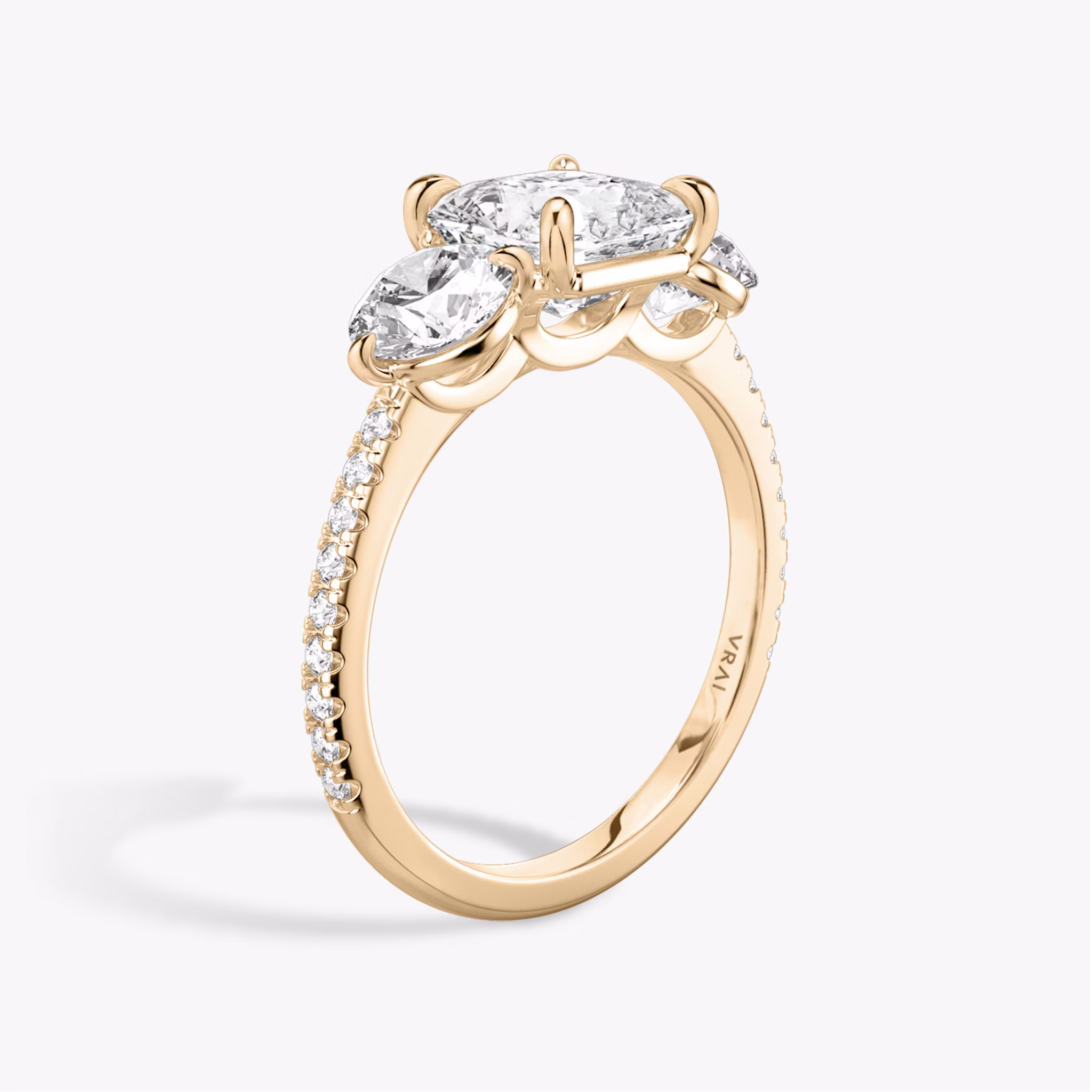 The Three Stone | Asscher | 14k | Rose Gold | bandAccent: Pavé | sideStoneCarat: 0.50ct | sideStoneShape: Round Brilliant | diamondOrientation: vertical | caratWeight: other
