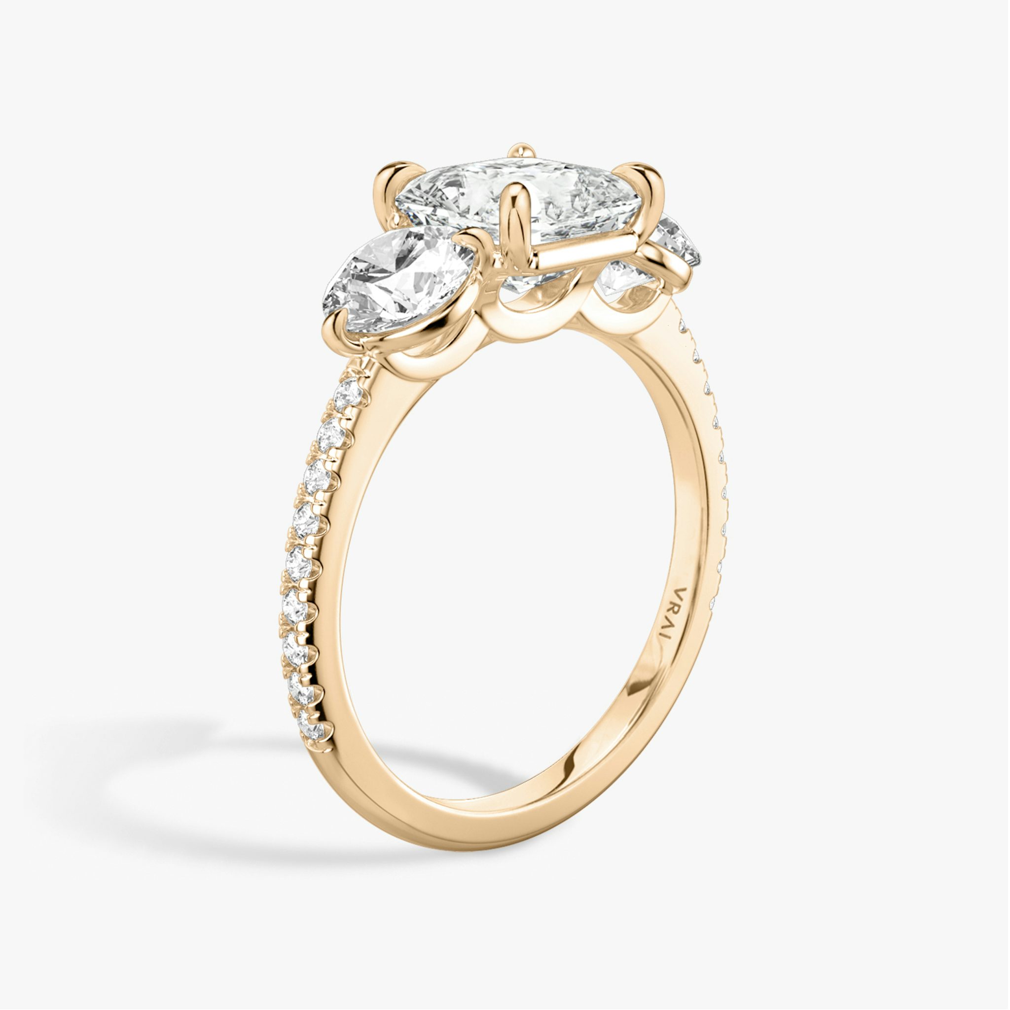 The Three Stone | Asscher | 14k | Rose Gold | bandAccent: Pavé | sideStoneCarat: 0.50ct | sideStoneShape: Round Brilliant | diamondOrientation: vertical | caratWeight: other