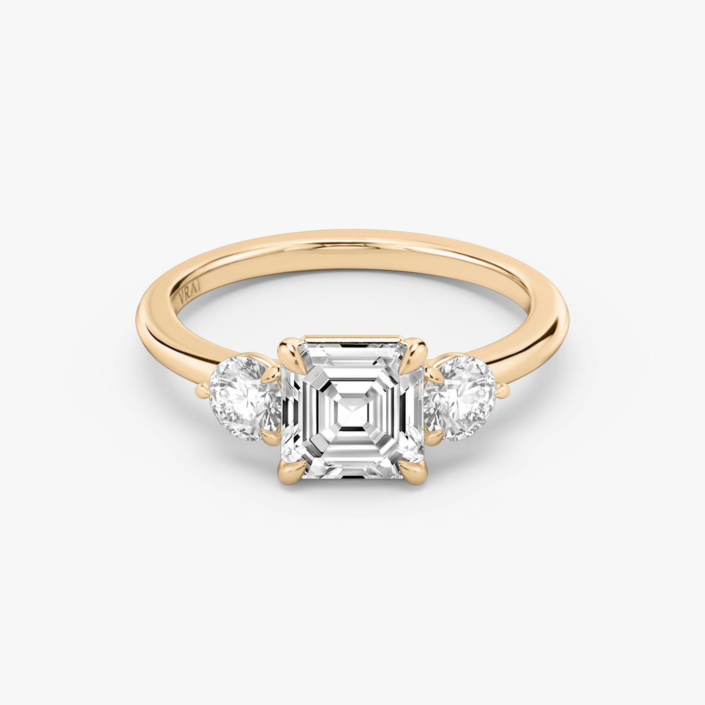 The Three Stone | Asscher | 14k | Rose Gold | bandAccent: Plain | sideStoneCarat: 0.25ct | sideStoneShape: Round Brilliant | diamondOrientation: vertical | caratWeight: other