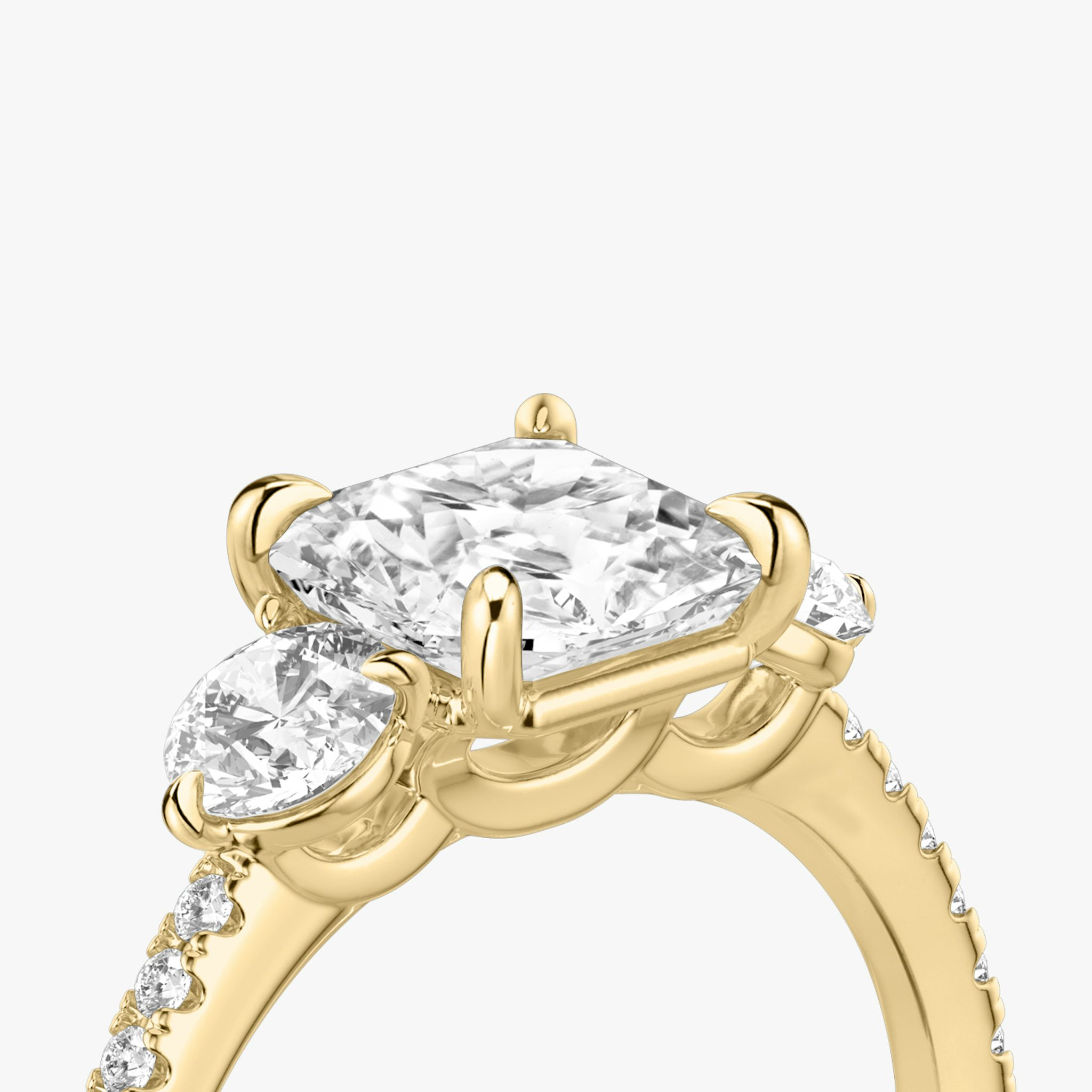 The Three Stone | Asscher | 18k | Yellow Gold | bandAccent: Pavé | sideStoneCarat: 0.25ct | sideStoneShape: Round Brilliant | diamondOrientation: vertical | caratWeight: other