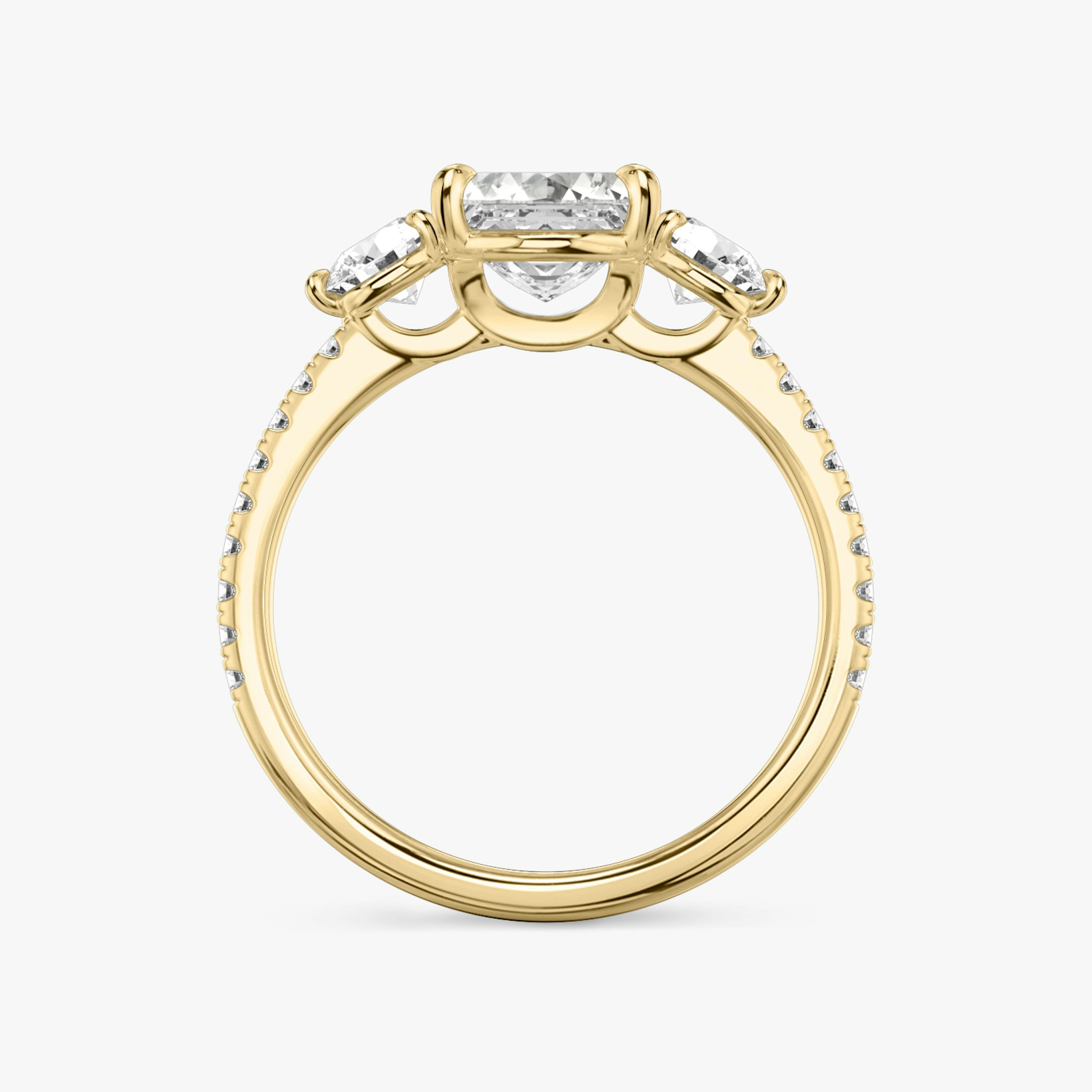 The Three Stone | Asscher | 18k | Yellow Gold | bandAccent: Pavé | sideStoneCarat: 0.25ct | sideStoneShape: Round Brilliant | diamondOrientation: vertical | caratWeight: other