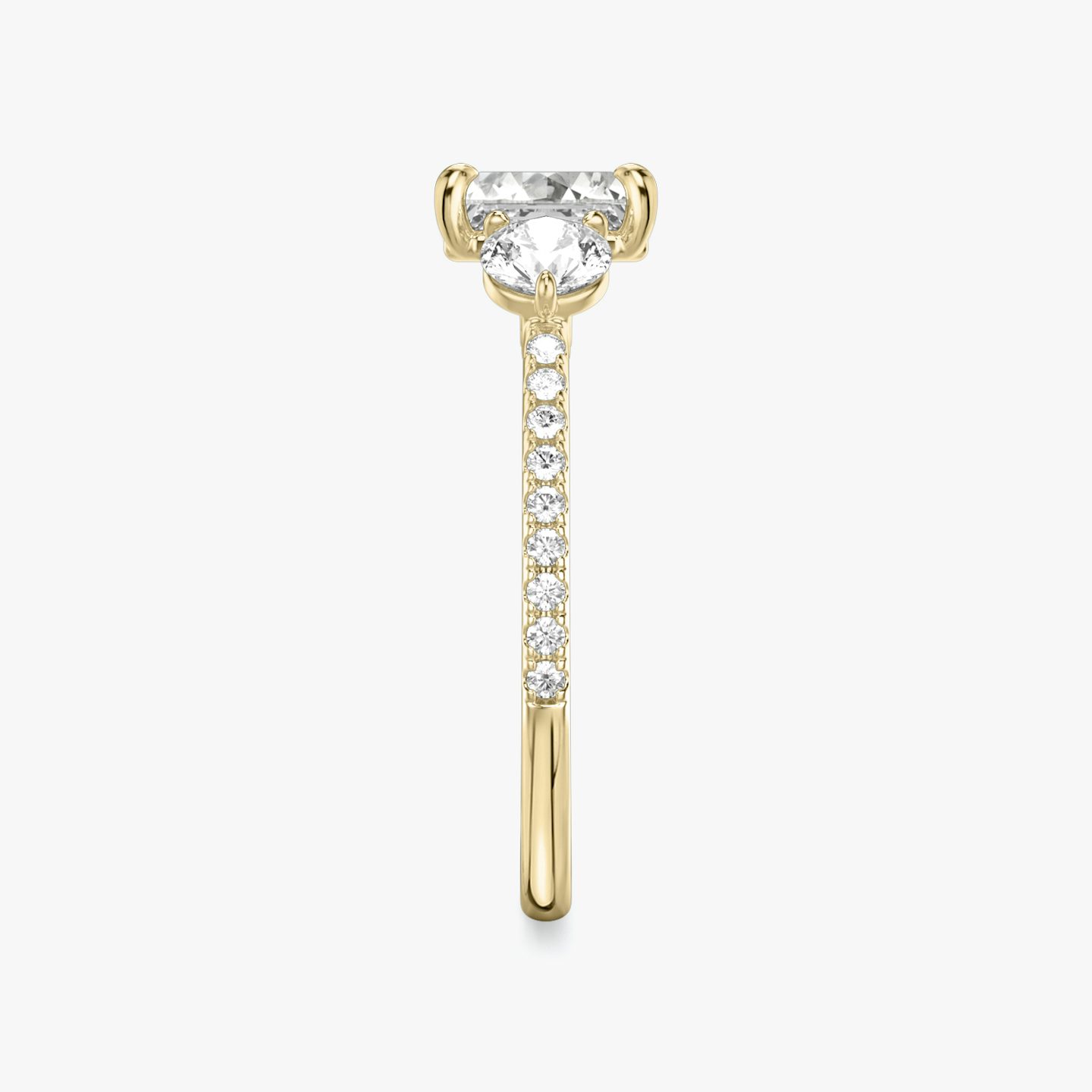 The Three Stone | Asscher | 18k | Yellow Gold | bandAccent: Pavé | sideStoneCarat: 0.25ct | sideStoneShape: Round Brilliant | diamondOrientation: vertical | caratWeight: other