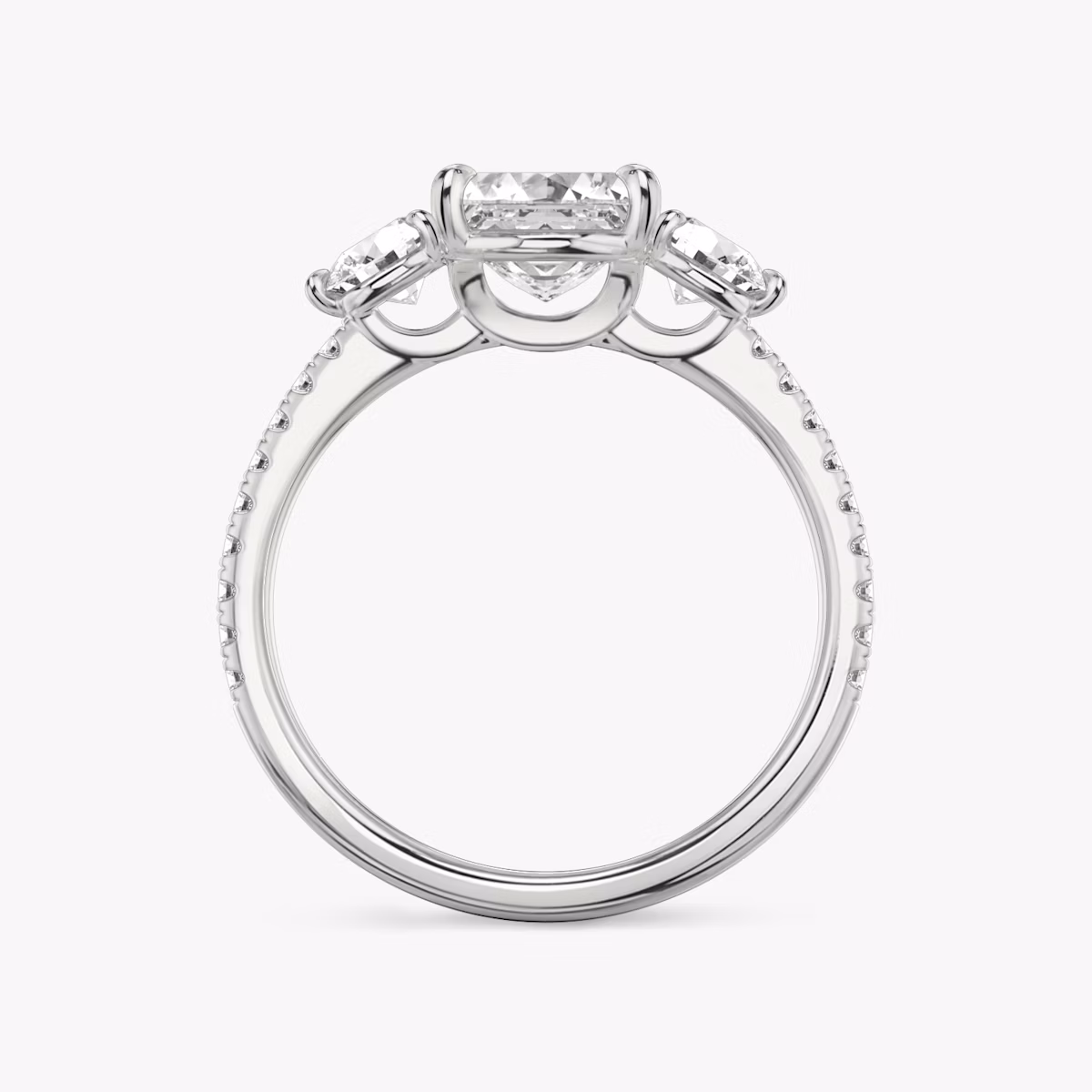 The Three Stone | Asscher | 18k | White Gold | bandAccent: Pavé | sideStoneCarat: 0.25ct | sideStoneShape: Round Brilliant | diamondOrientation: vertical | caratWeight: other