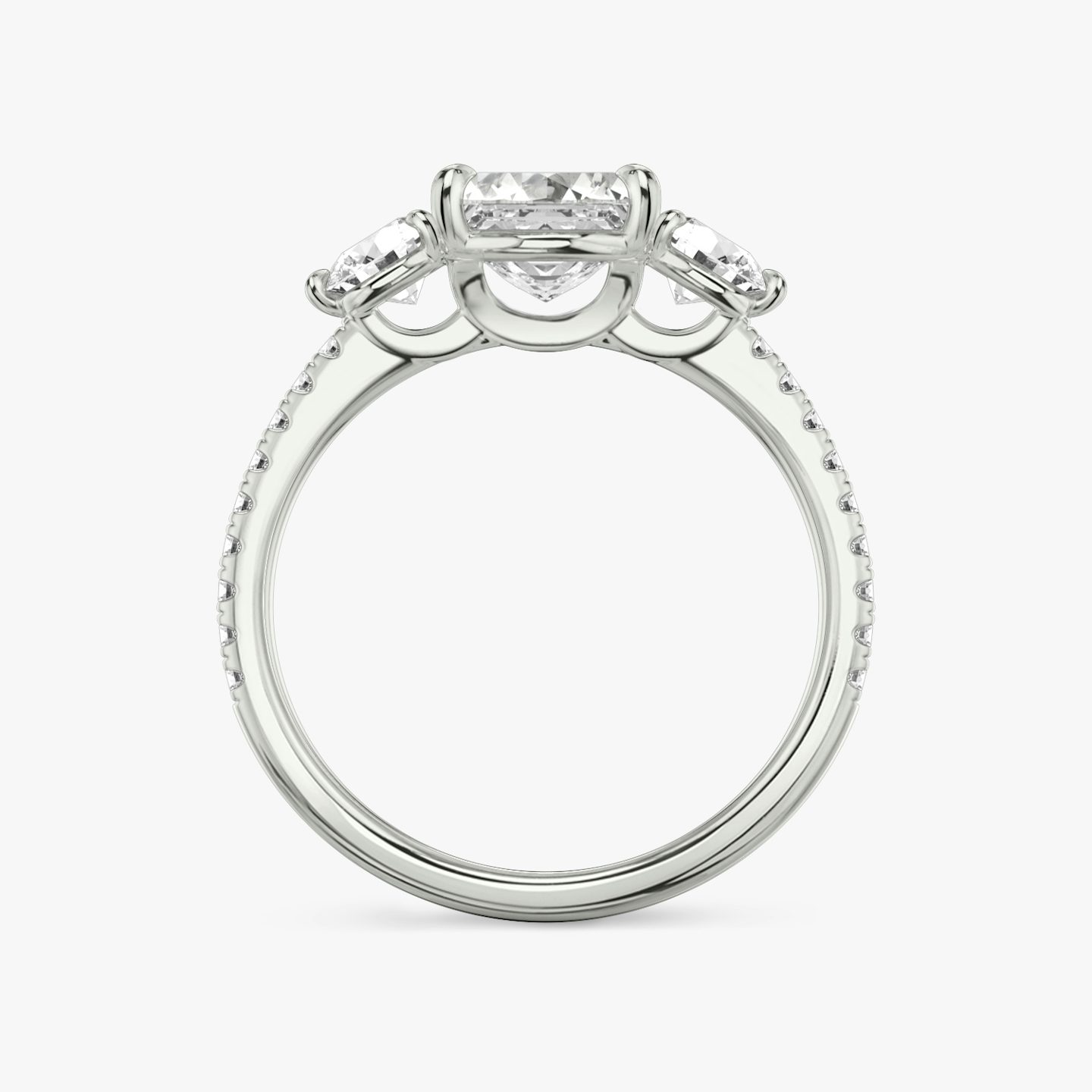 The Three Stone | Asscher | 18k | White Gold | bandAccent: Pavé | sideStoneCarat: 0.25ct | sideStoneShape: Round Brilliant | diamondOrientation: vertical | caratWeight: other