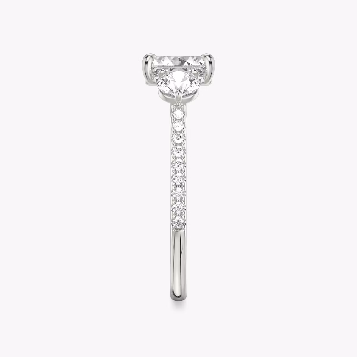 The Three Stone | Asscher | 18k | White Gold | bandAccent: Pavé | sideStoneCarat: 0.25ct | sideStoneShape: Round Brilliant | diamondOrientation: vertical | caratWeight: other