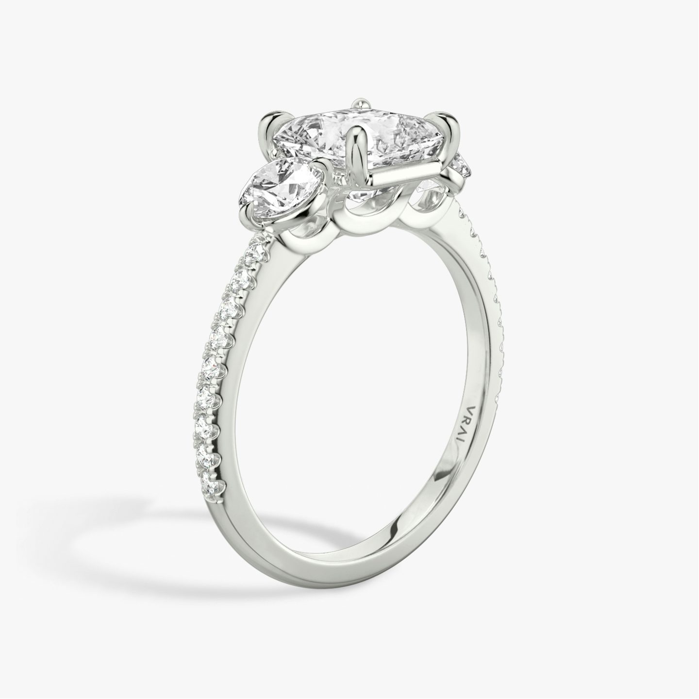 The Three Stone | Asscher | 18k | White Gold | bandAccent: Pavé | sideStoneCarat: 0.25ct | sideStoneShape: Round Brilliant | diamondOrientation: vertical | caratWeight: other