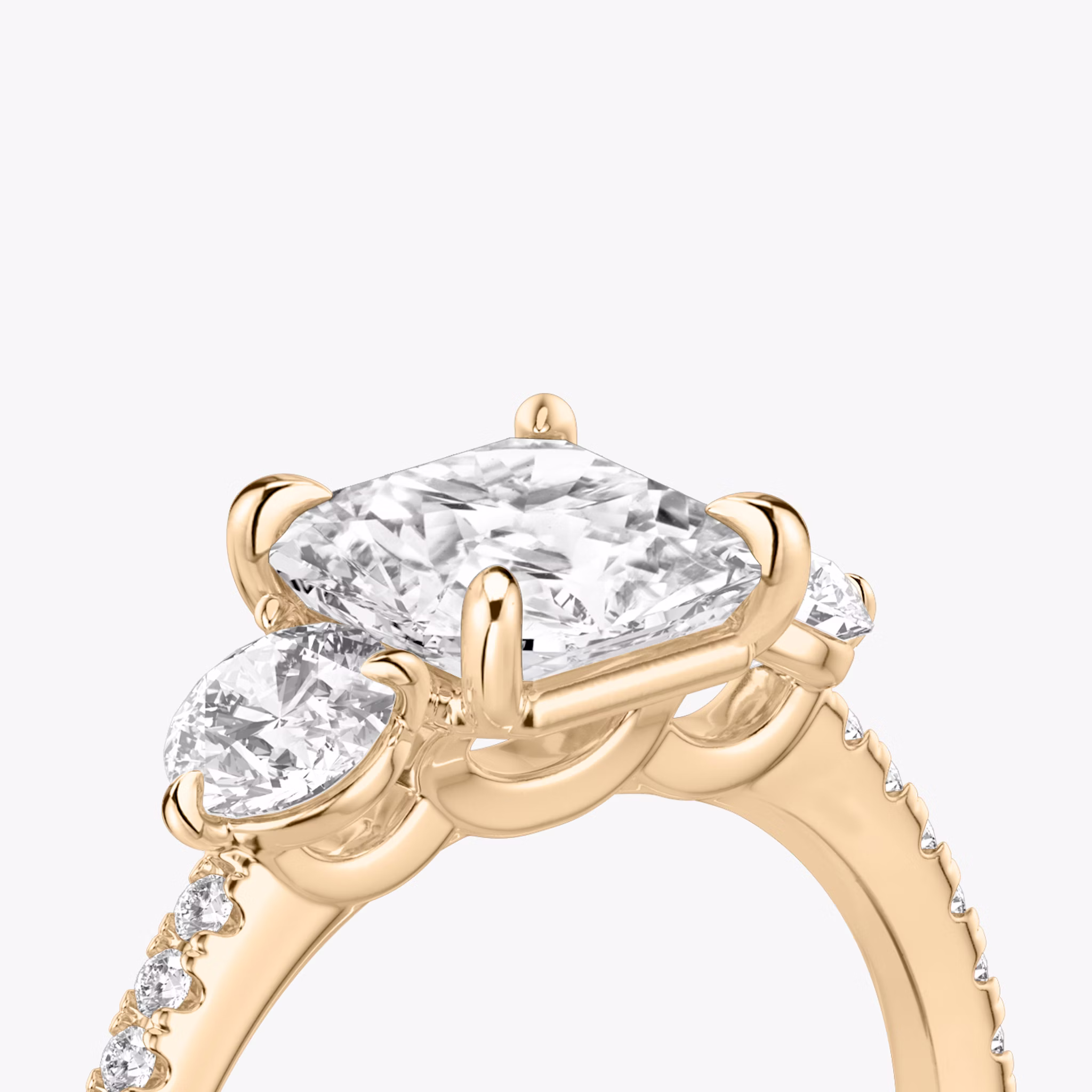 The Three Stone | Asscher | 14k | Rose Gold | bandAccent: Pavé | sideStoneCarat: 0.25ct | sideStoneShape: Round Brilliant | diamondOrientation: vertical | caratWeight: other