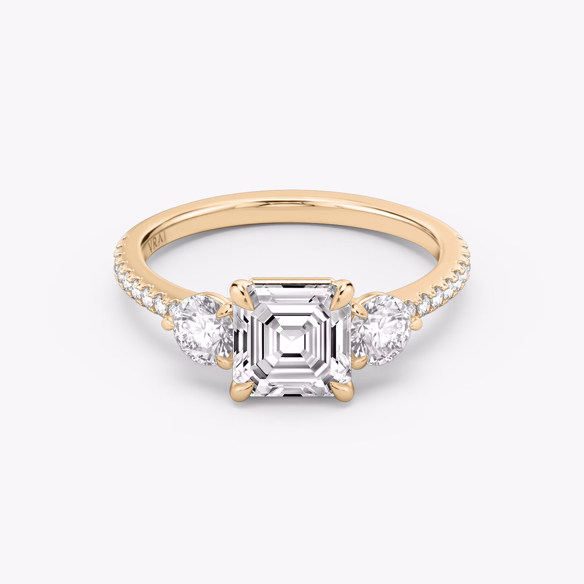 The Three Stone | Asscher | 14k | Rose Gold | bandAccent: Pavé | sideStoneCarat: 0.25ct | sideStoneShape: Round Brilliant | diamondOrientation: vertical | caratWeight: other