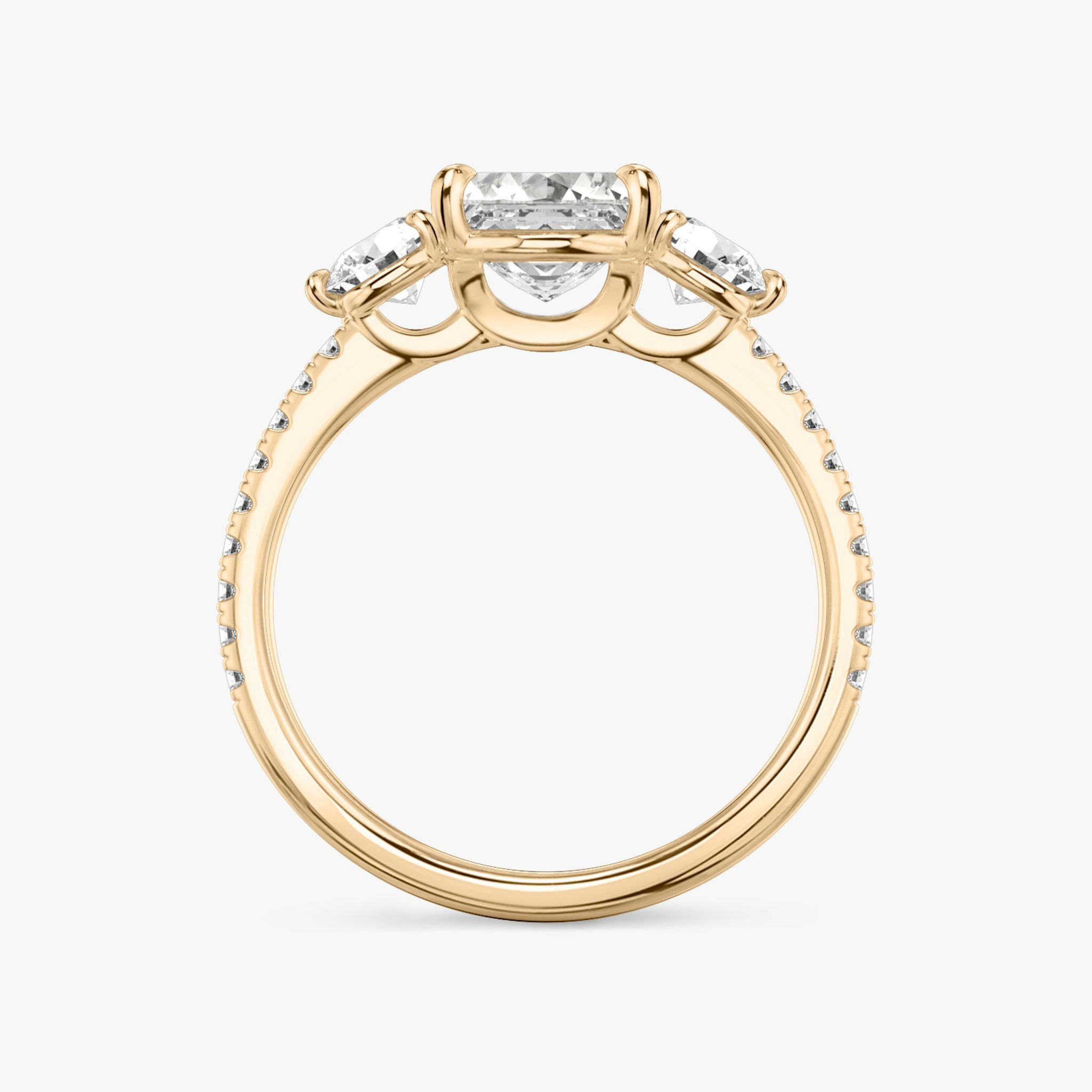 The Three Stone | Asscher | 14k | Rose Gold | bandAccent: Pavé | sideStoneCarat: 0.25ct | sideStoneShape: Round Brilliant | diamondOrientation: vertical | caratWeight: other