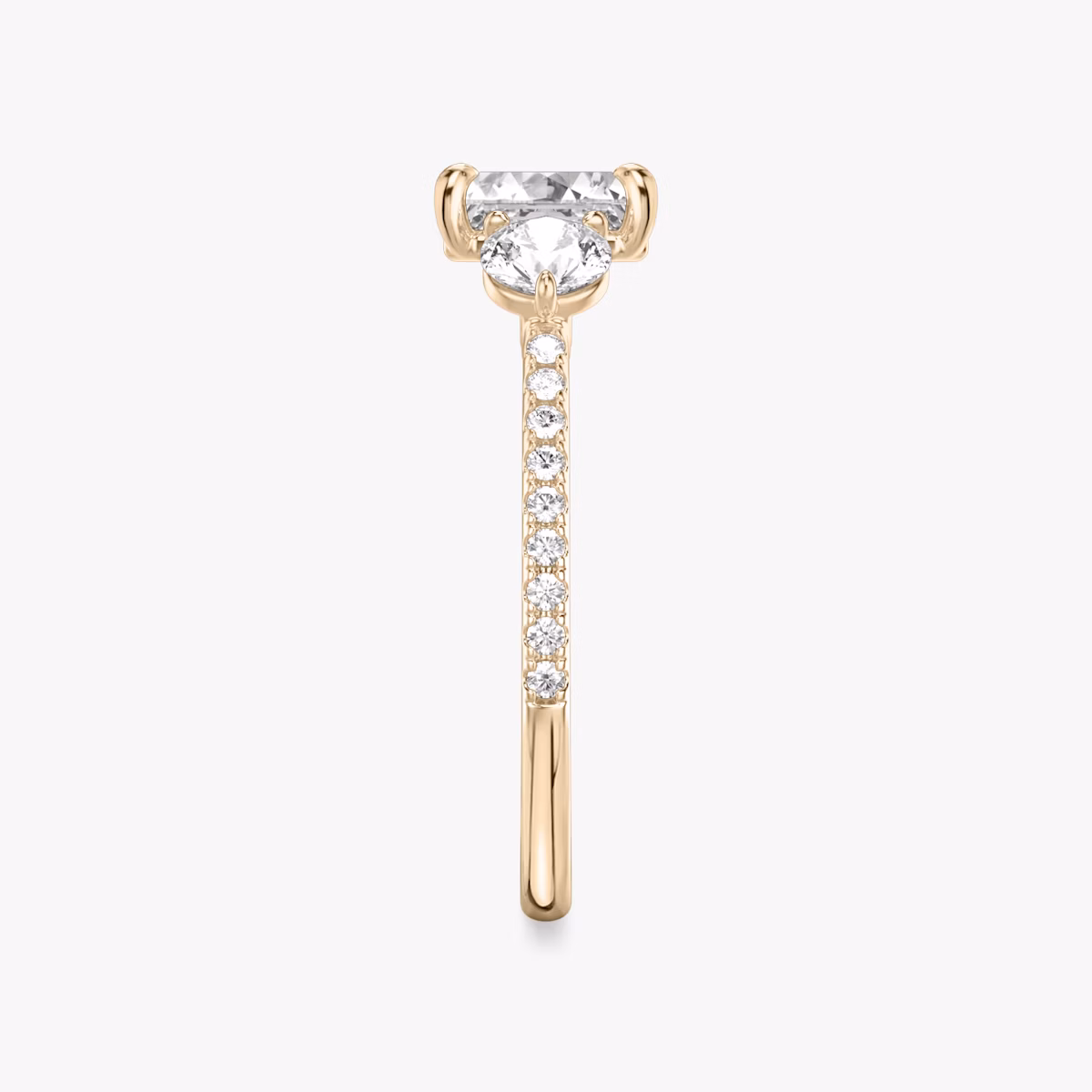 The Three Stone | Asscher | 14k | Rose Gold | bandAccent: Pavé | sideStoneCarat: 0.25ct | sideStoneShape: Round Brilliant | diamondOrientation: vertical | caratWeight: other